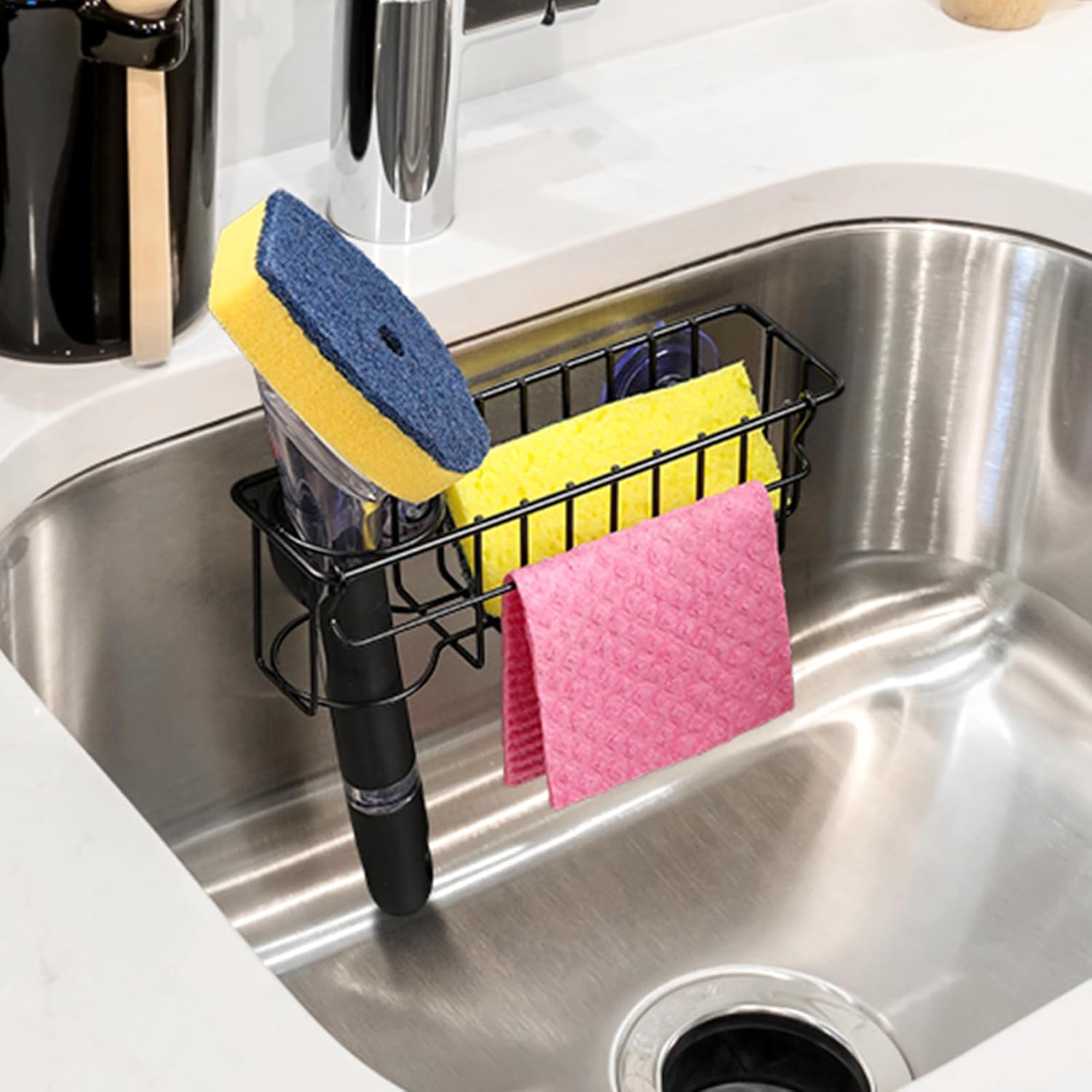 3-In-1 Sponge Holder for Kitchen Sink, 2 Type Suspension Options (Suction Cups & Adhesive Hook), Hanging Sink Caddy Organizer Rack - Sponge, Dish Cloth, Brush, Scrubber, 304 Stainless Steel - Black - Image 7