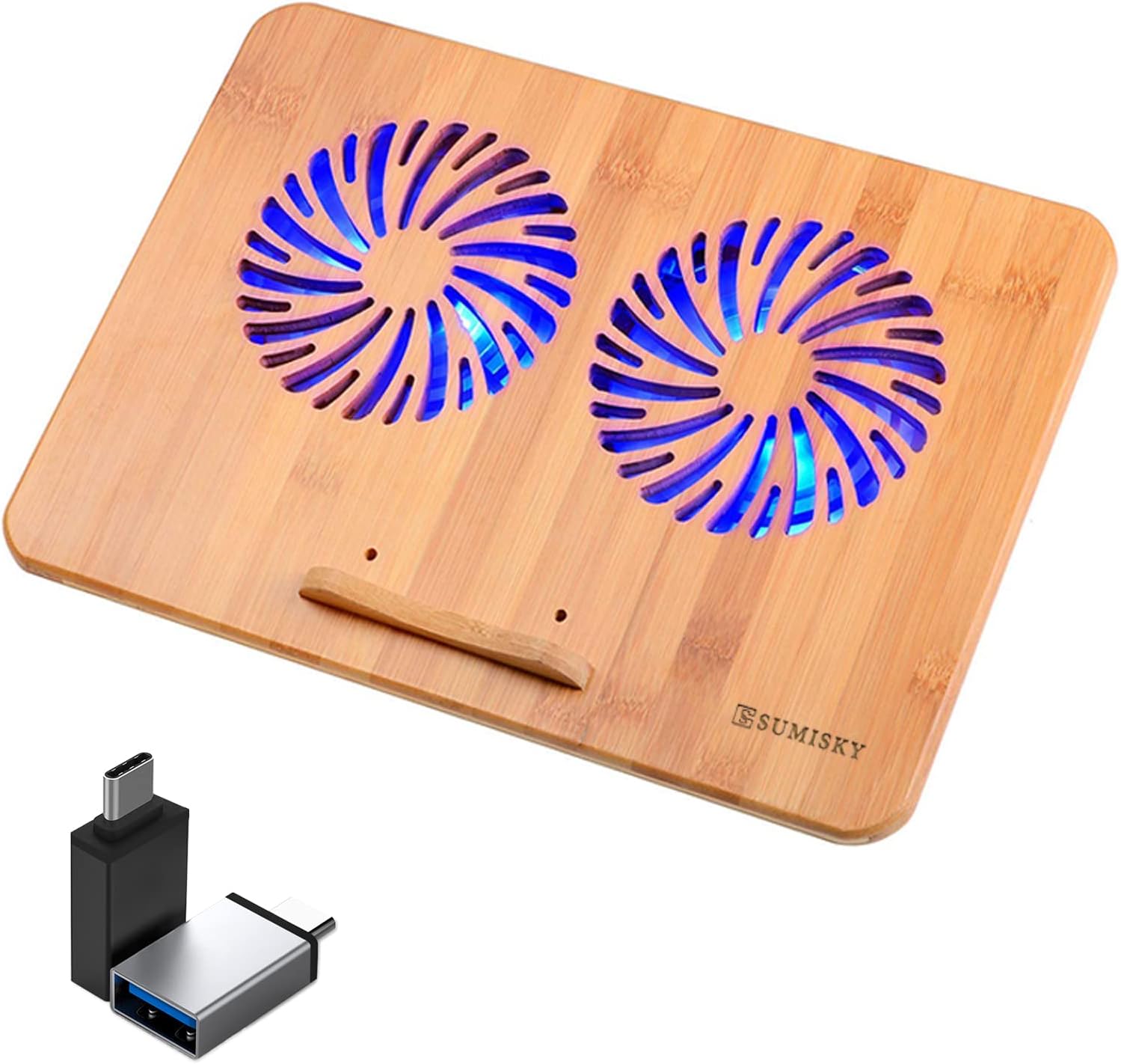 SUMISKY Laptop Stand Cooling Pad 100% Bamboo Adjustable Laptop Desk with 2 Quiet Cooling Fans Blue Light and 2 USB Ports Ergonomic Cooler Pad - Image 2
