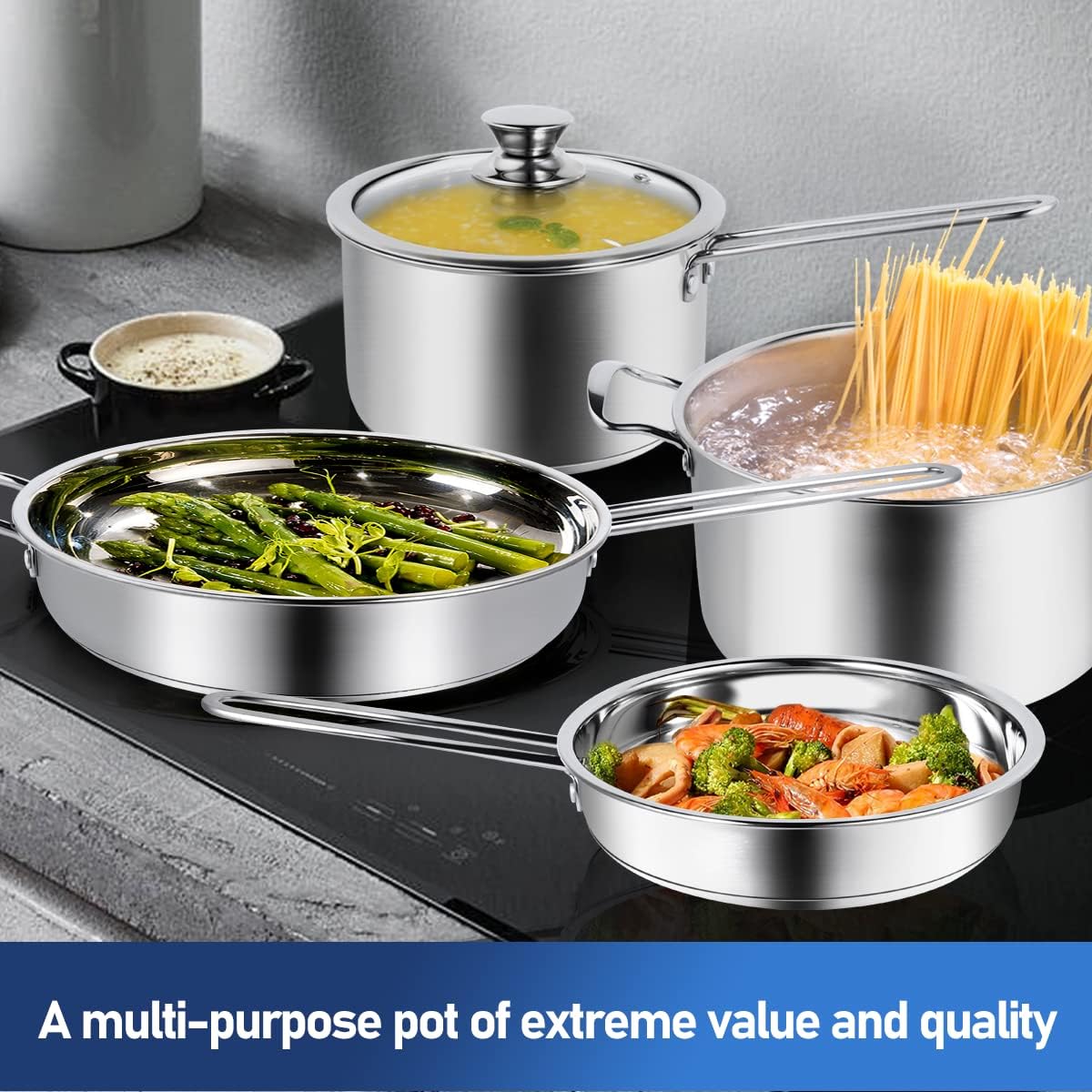 10-Piece Pots and Pans Set, Stainless Steel Cookware Set- Includes Ergonomic Handle Saucepans, Skillets, Dutch Oven, Stockpot, Steamer & More - Premium Pots and Pans for Home Chefs - Image 7