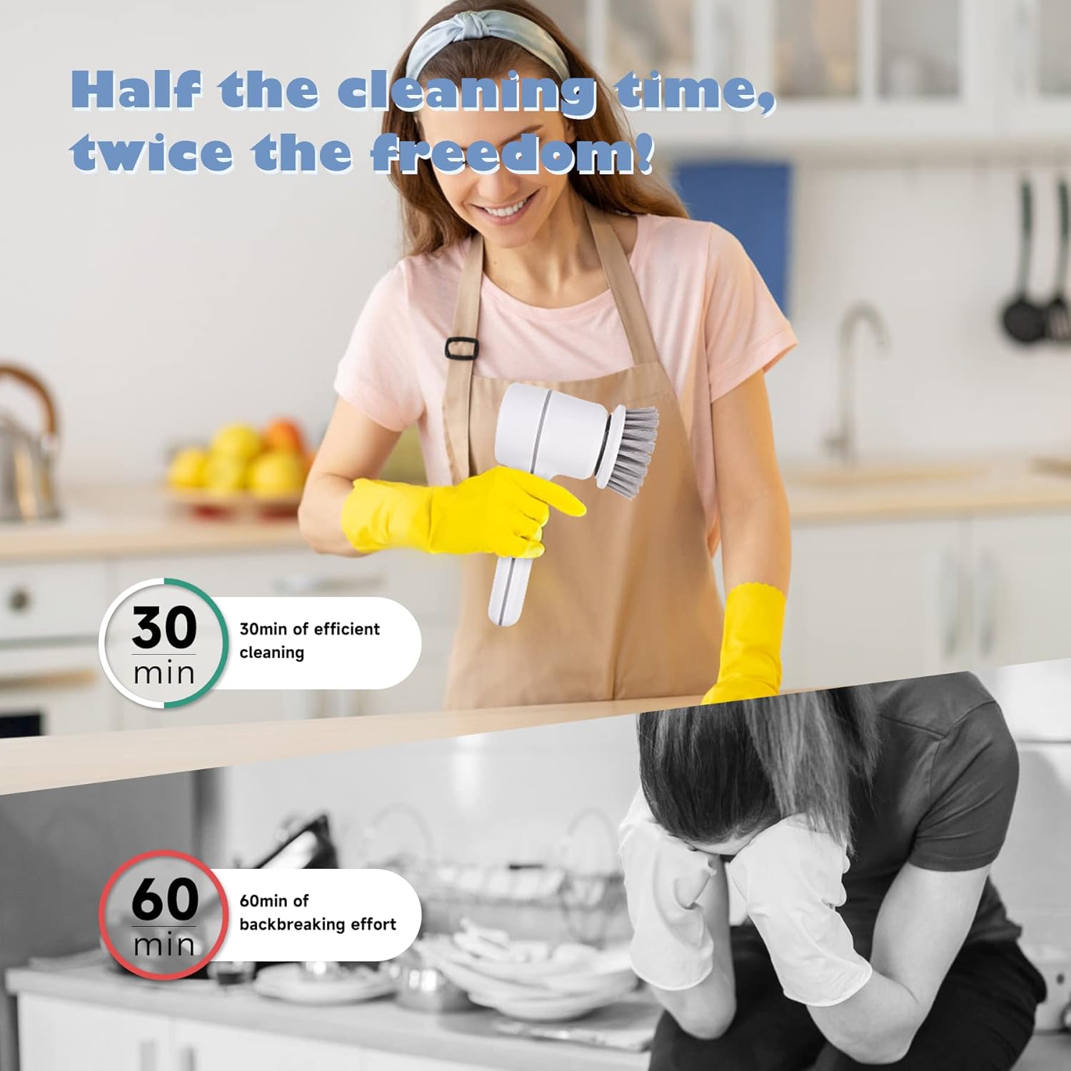 Electric Spin Scrubber Cordless Power Cleaning Brush with 5 Replaceable Brush Heads Rechargeable Scrubber for Bathroom Tub Sink Kitchen Dishes Tile Window Floor Grout, White - Image 7