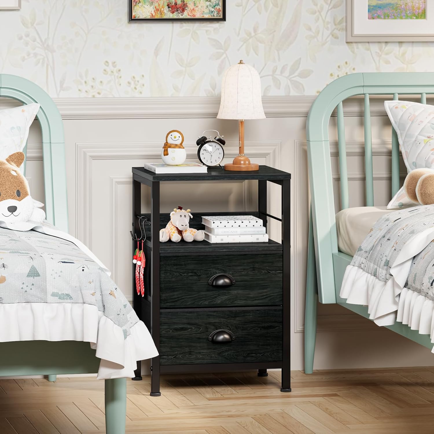 Furologee Nightstands Set 2, End Tables with 2 Fabric Drawers, Bedside Tables with Hooks and Shelf, for Bedroom/Living Room/Study/Black Oak - Image 9