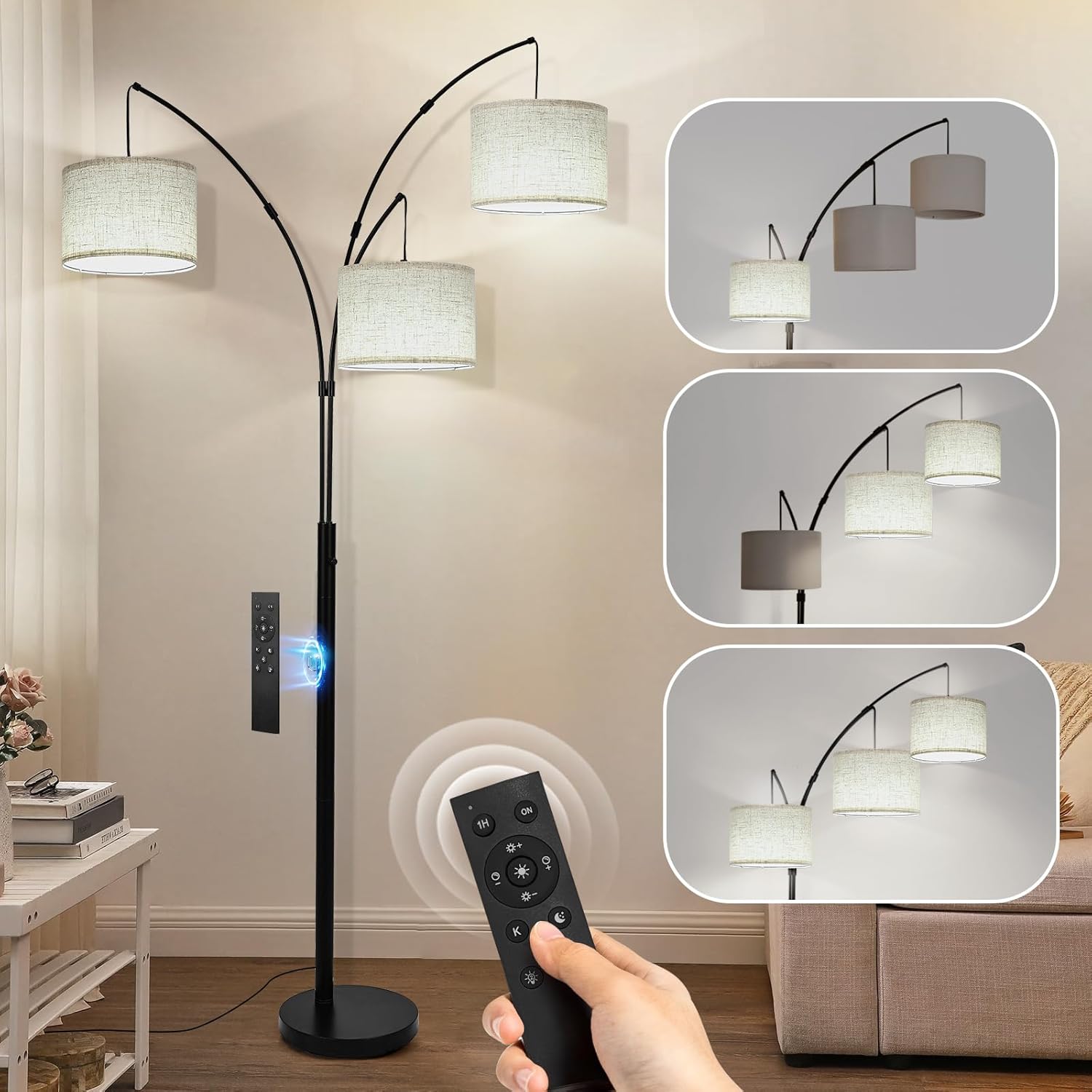 Netin Arc Floor Lamp with Remote, 3 Light Floor Lamp for Living Room Bright Lighting, 3 Color Temperature, Dimmable Tall Standing Lamp, Mid Century Tree Floor Lamp for Bedroom Office - Image 2