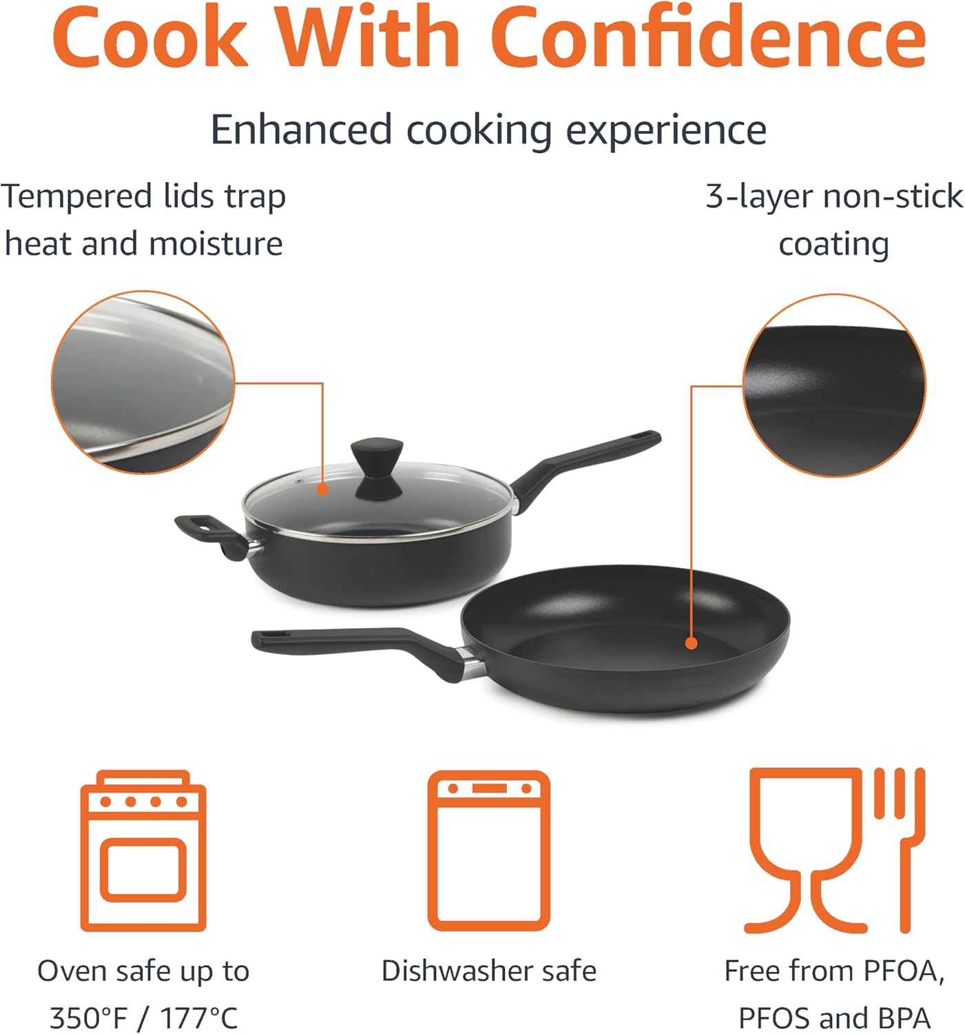 Amazon Basics 10 -Piece Hard Anodized Non-stick Stackable Cookware Pots and Pans Set, Space Saving, made without PFOA, Black - Image 4