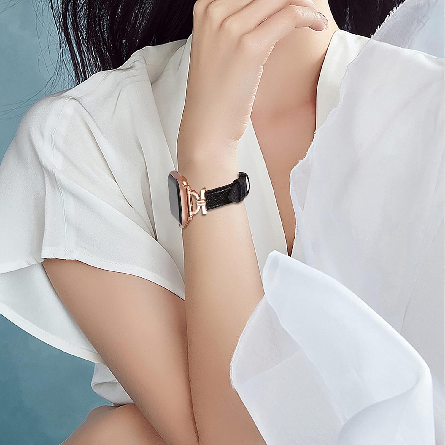 Genuine Leather Band Compatible with Apple Watch Women 38mm 40mm 41mm 42mm(2024 series 10), Designer Slim Leather Strap with D-Shape Gold Metal Buckle for iWatch Series 10 9 8 SE 7 6 5 4 3 2 1, Black - Image 3