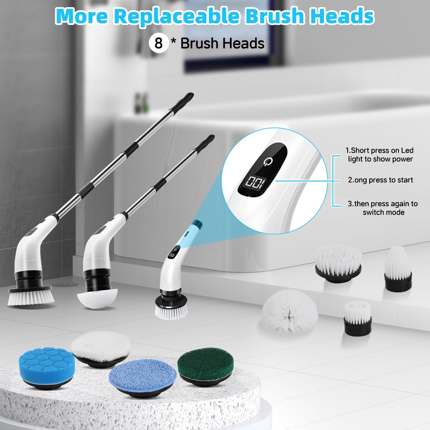 Electric Spin Scrubber, Power Scrubber with 2 Speeds, 8 in 1 Cordless Cleaning Brush and 3 Tier Adjustable & Detachable Shower Scrubber with Long Handle, Scrubber for Bathroom Tub Shower Tile Floor - Image 8