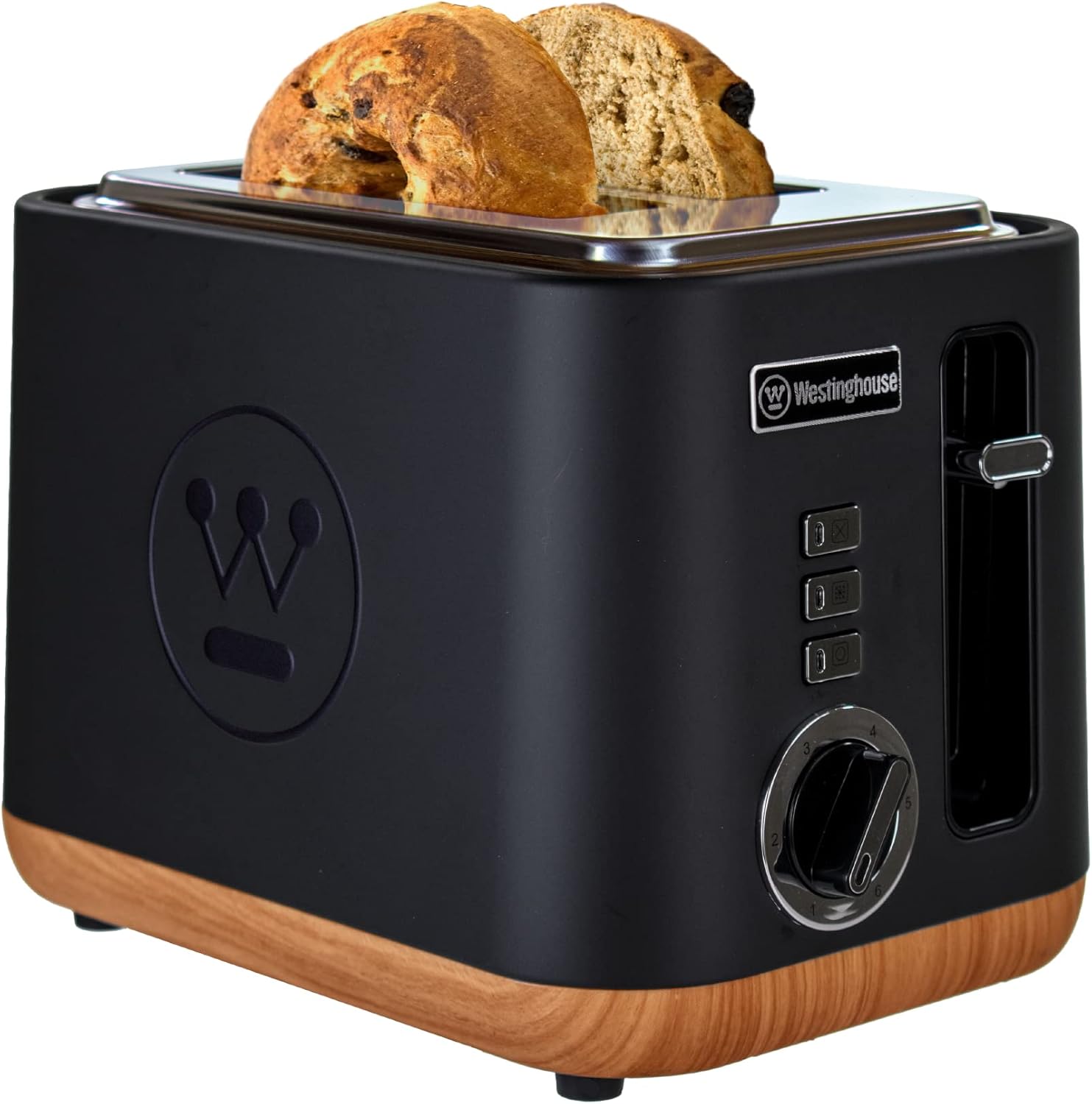 Westinghouse Scandinavian Design Toaster with Wide Slots, Removable Crumb Tray, 6 Browning Levels, and Cancel/Reheat/Defrost Options - for Bread, Bagels, & Waffles - Black with Wood Finish, 2-Slice - Image 2
