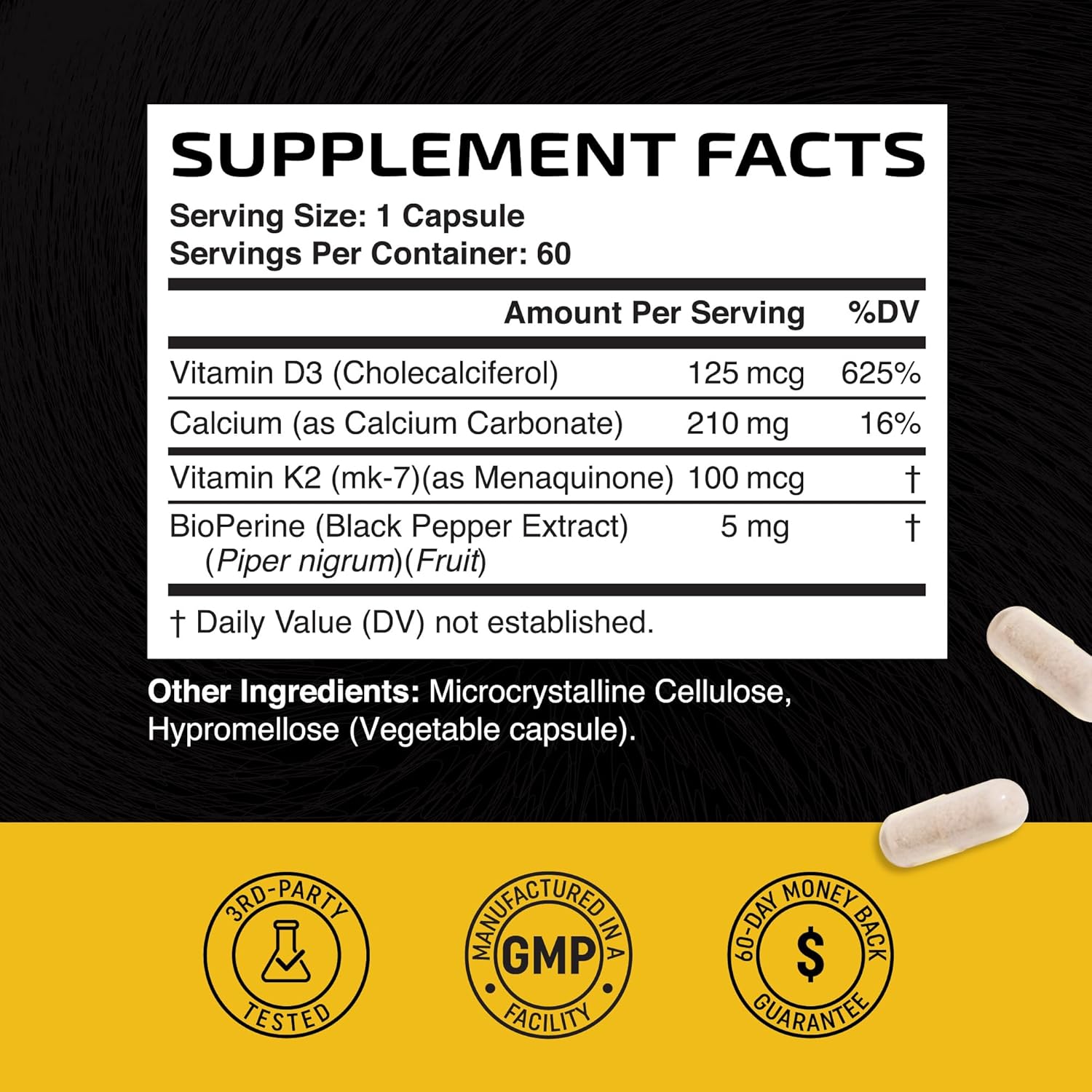 Vitamin D3 K2 5000 IU for Immune System, Strong Bones & Teeth Support | Vit D3 125mcg, Vitamin K2 MK7 100mcg, Calcium 210mg & BioPerine | 3rd-Party Tested, Non-GMO | 60 Capsules (2 Month Supply) - Image 7