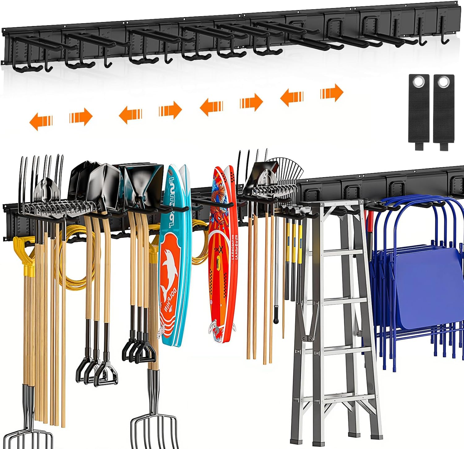 Heavy Duty Garden Tool Organizer 64 Inch - 18Pack Carries 570 lbs, Garage Tool Organizer Storage System, 4 Rails with 12 Adjustable Hooks, Tool Holder Wall Mount for Warehouse, Workshop - Image 2