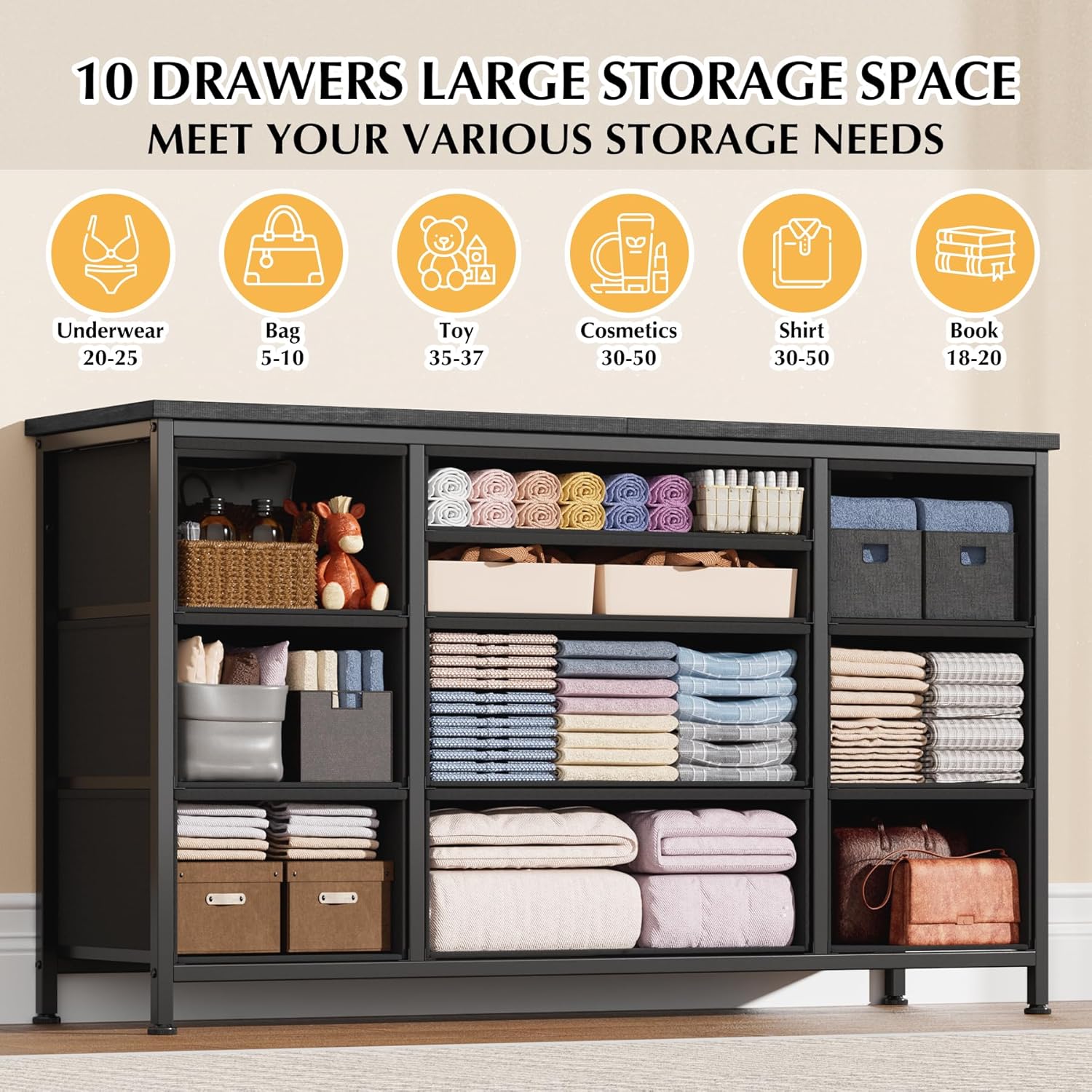 10 Drawer Dressers for Bedroom, Tv Stand Dresser for 55", Chests of Drawers with Power Outlet, Wide Kids Dresser with Fabric Drawers for Clothing, Storage, Willow - Image 5
