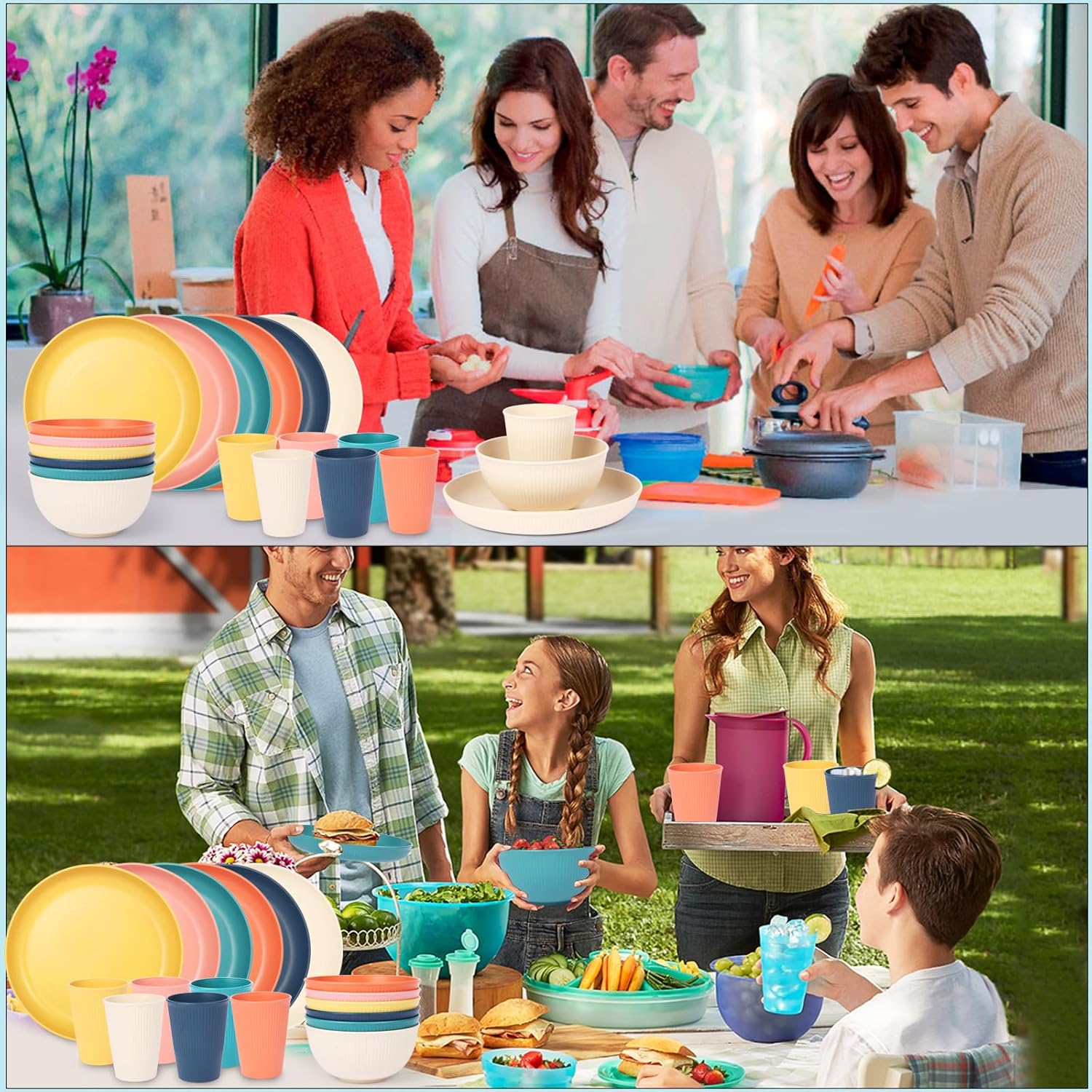 18pcs Wheat Straw Dinnerware Sets, Unbreakable dish Set Reusable Plates, Bowls, and Cups Set dishes Dishwasher Microwave Safe for Kitchen Outdoor Travel Camping (Macron Color) - Image 7