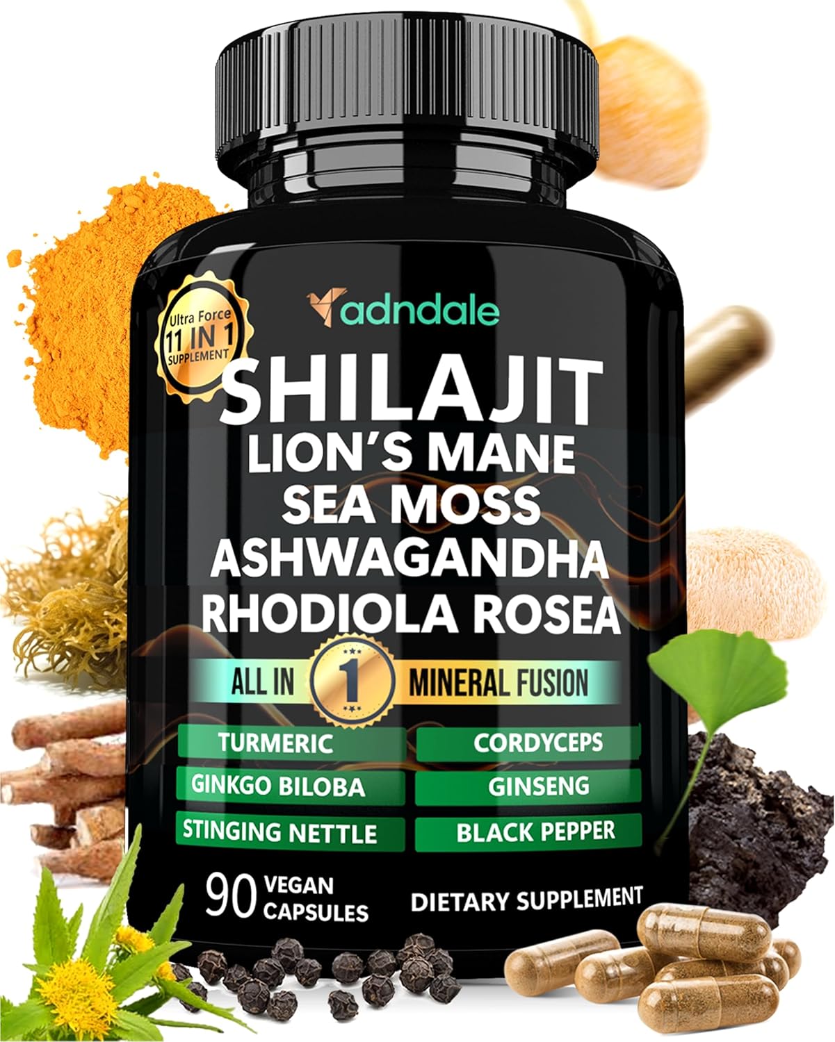 Shilajit Ultra Force 11-in-1. Pure Himalayan Organic Shilajit for Men and Women Capsules with Sea Moss Ashwagandha Rhodiola Rosea Lion’s Mane. 90 Count - Image 2