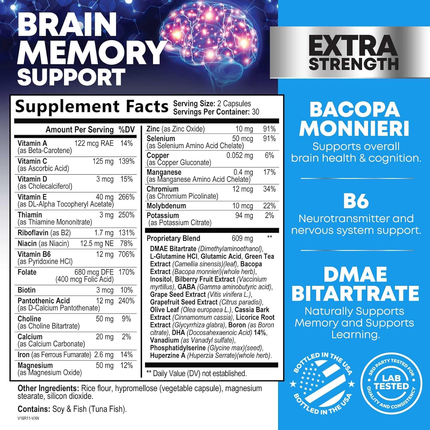Brain Supplements for Memory and Focus - 40 Nootropics & Vitamins to Support for Alertness, Clarity & Concentration, Brain Health, B6, B12, Phosphatidylserine - 60 Capsules - Image 3