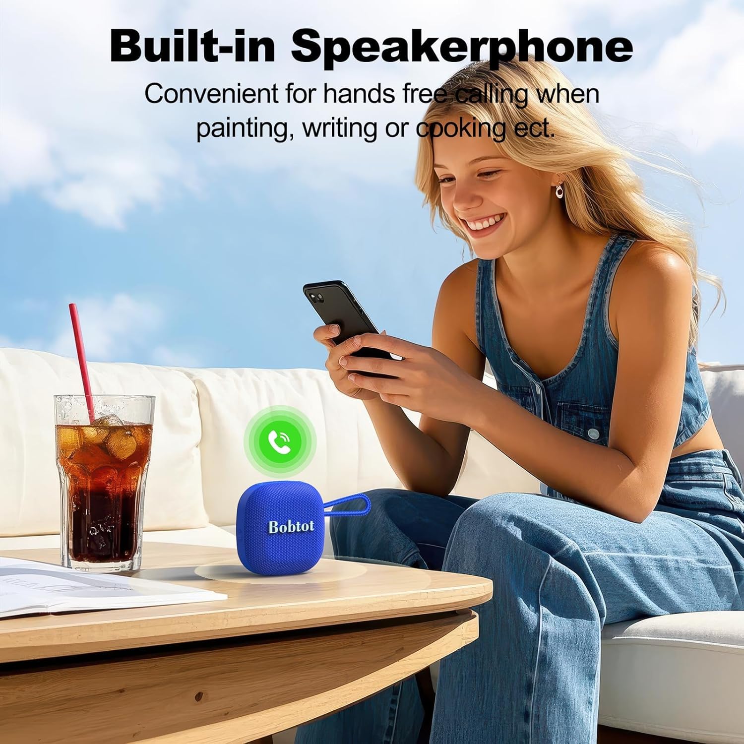 Bobtot Portable Wireless Bluetooth Speakers - IPX7 Waterproof Small Shower Speaker with 16 Hours Playtime, Loud Stereo Sound, Built-in Mic, TWS, Mini Size with Carry Lanyard for Outdoor, Blue - Image 6