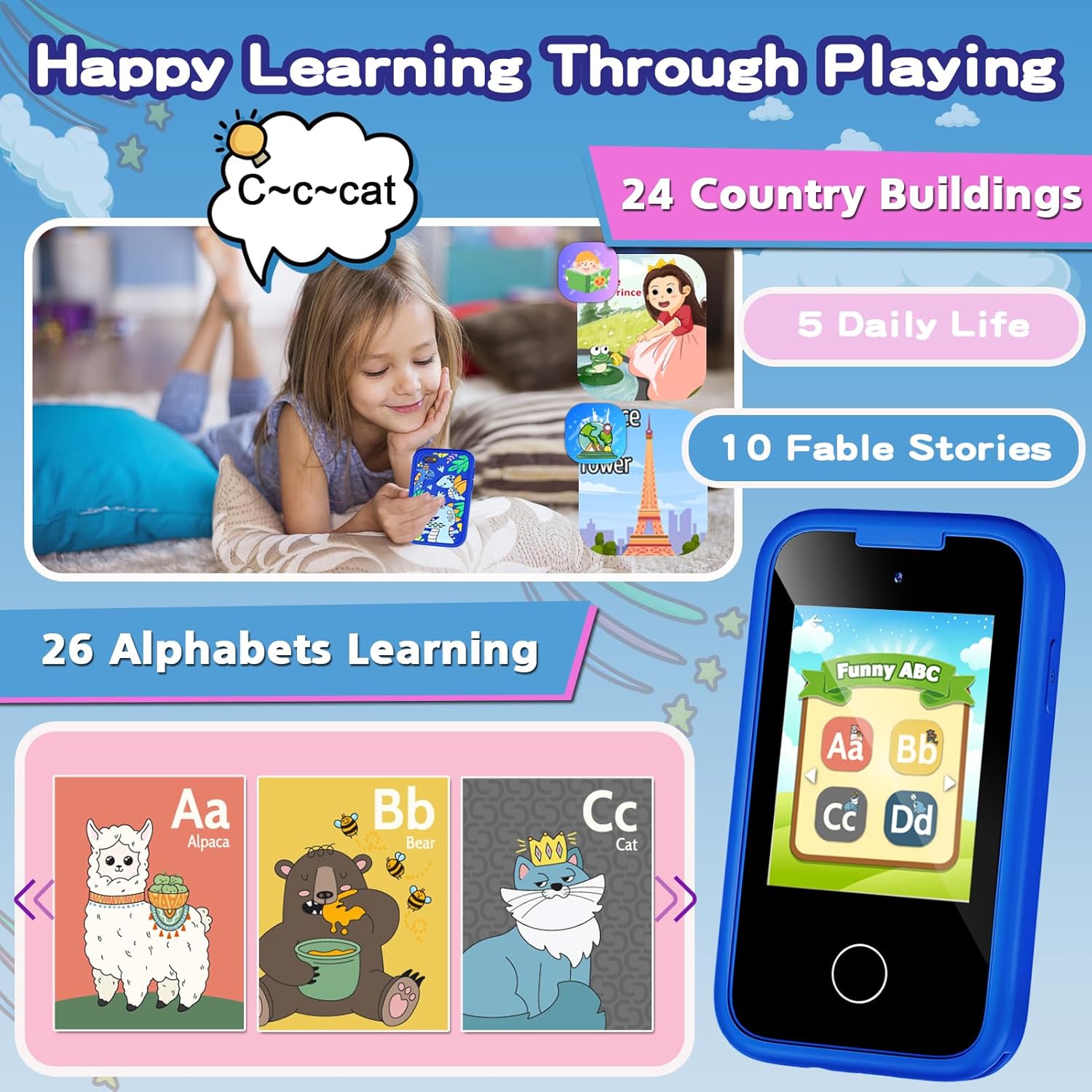 Kids Smart Phone for Boys, Christmas Birthday Gifts for Boy Girl Age 3-10 Kids Toys Cell Phone, 2.8" Touchscreen Toddler Learning Play Toy Phone with Dual Camera, Game, Music Player, 8GB Card Blue - Image 5