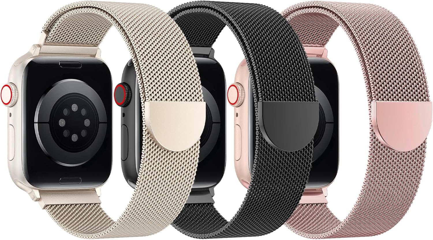 BELONGME 3 Pack Mesh Loop Compatible with Apple Watch Bands for Women Men 40mm 41mm 38mm 42mm 44mm 45mm 49mm 46mm Series 10 9 8 7 6 5 4 3 2 1 Ultra SE, Stainless Steel Metal Magnetic Strap for iWatch - Image 2