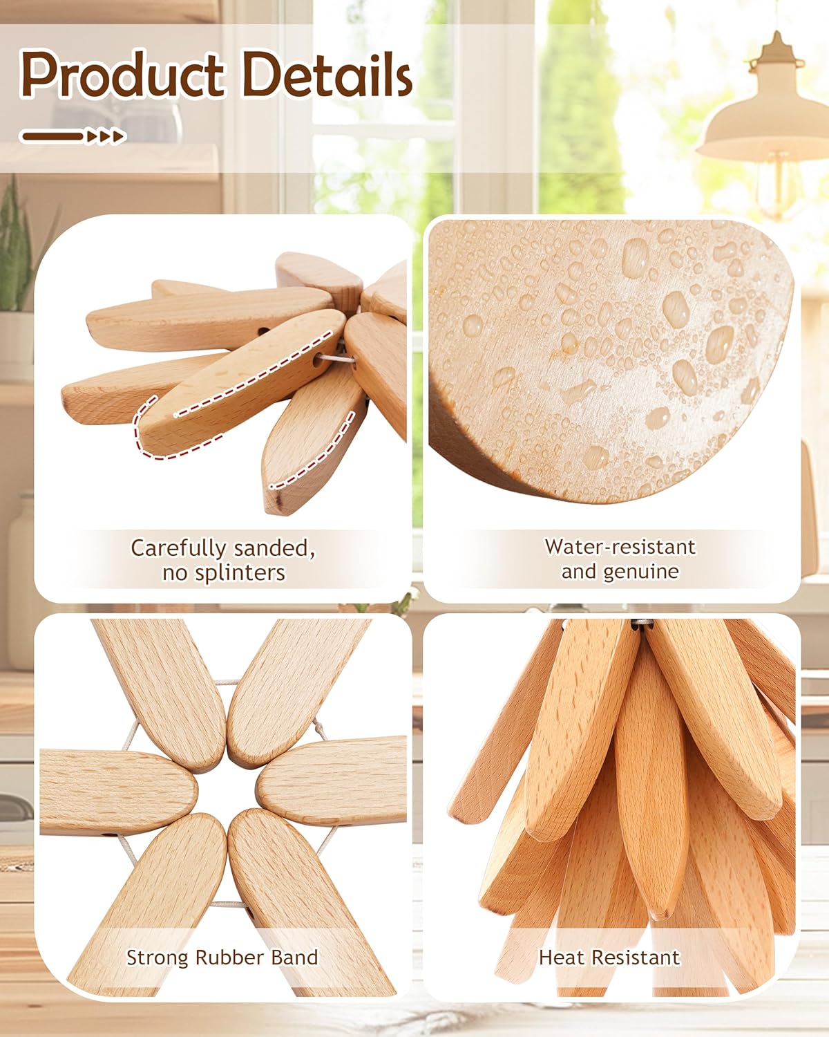 8 Inches Tree-Shaped Trivets, Collapsible Wood Place Mats for Hot Dishes Pans, Anti Stain Pot Holders for Kitchen Counter Table Home Essentials, 6PCS Wooden Coasters with 2 Organising Holders - Image 5