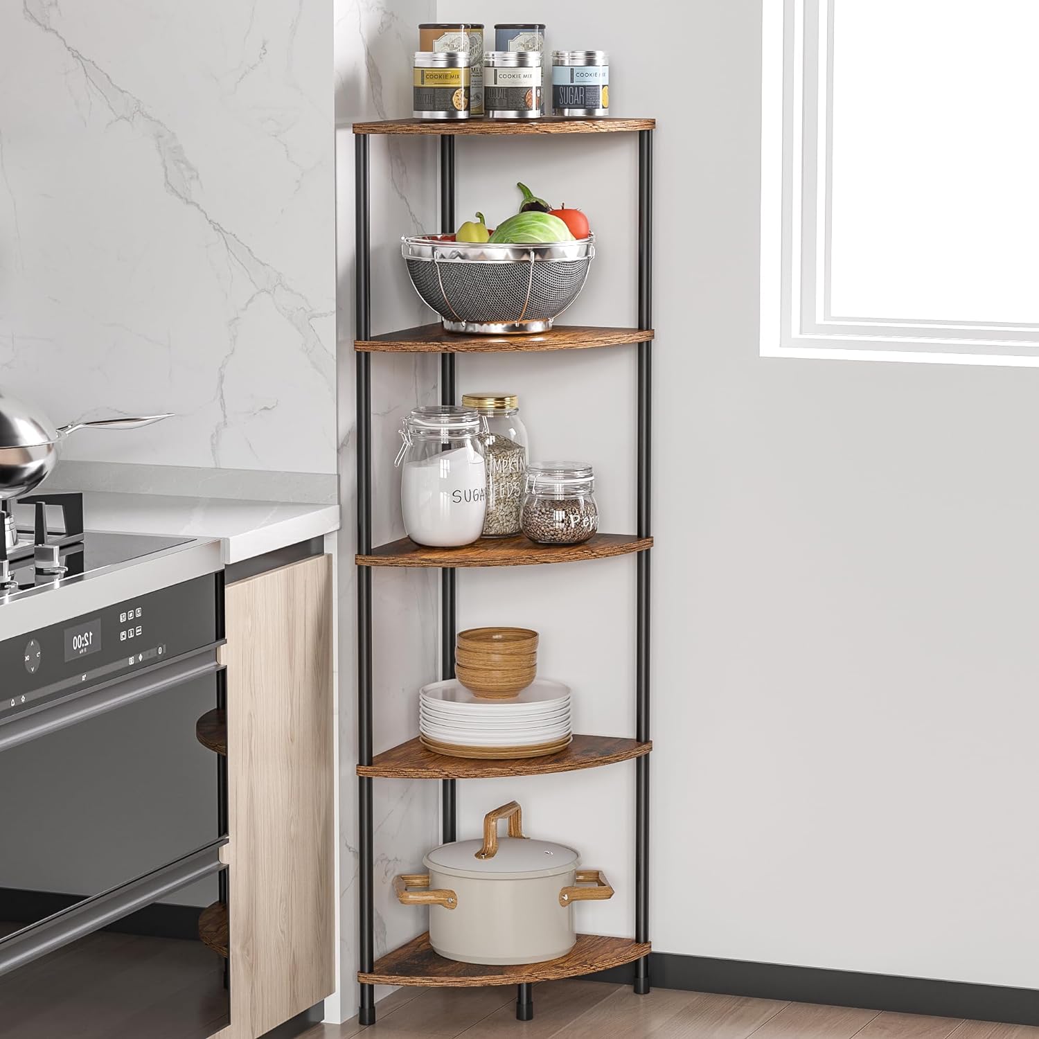 Corner Plant Stand Shelf, 5 Tier Tall Shelf Plant Stand for Indoor Plants, Rustic Brown Corner Bookshelf Wall Decor Living Room, 44.1" Display Shelf for Bedroom, Bathroom, Small Space - Image 4