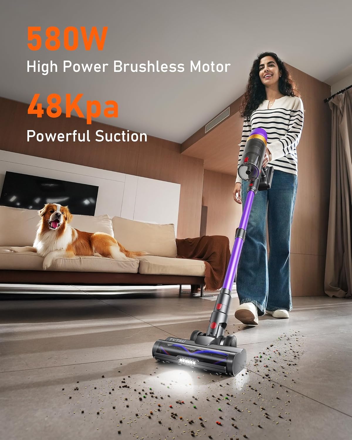 Cordless Vacuum Cleaner, 580W/48Kpa/65Mins Vacuum Cleaners for Home, Self-Standing Stick Vacuum with LED Display & Wall Mount Charging, Anti-Tangle Handheld Vacuum Cordless for Floor/Carpet/Pet Hair - Image 3