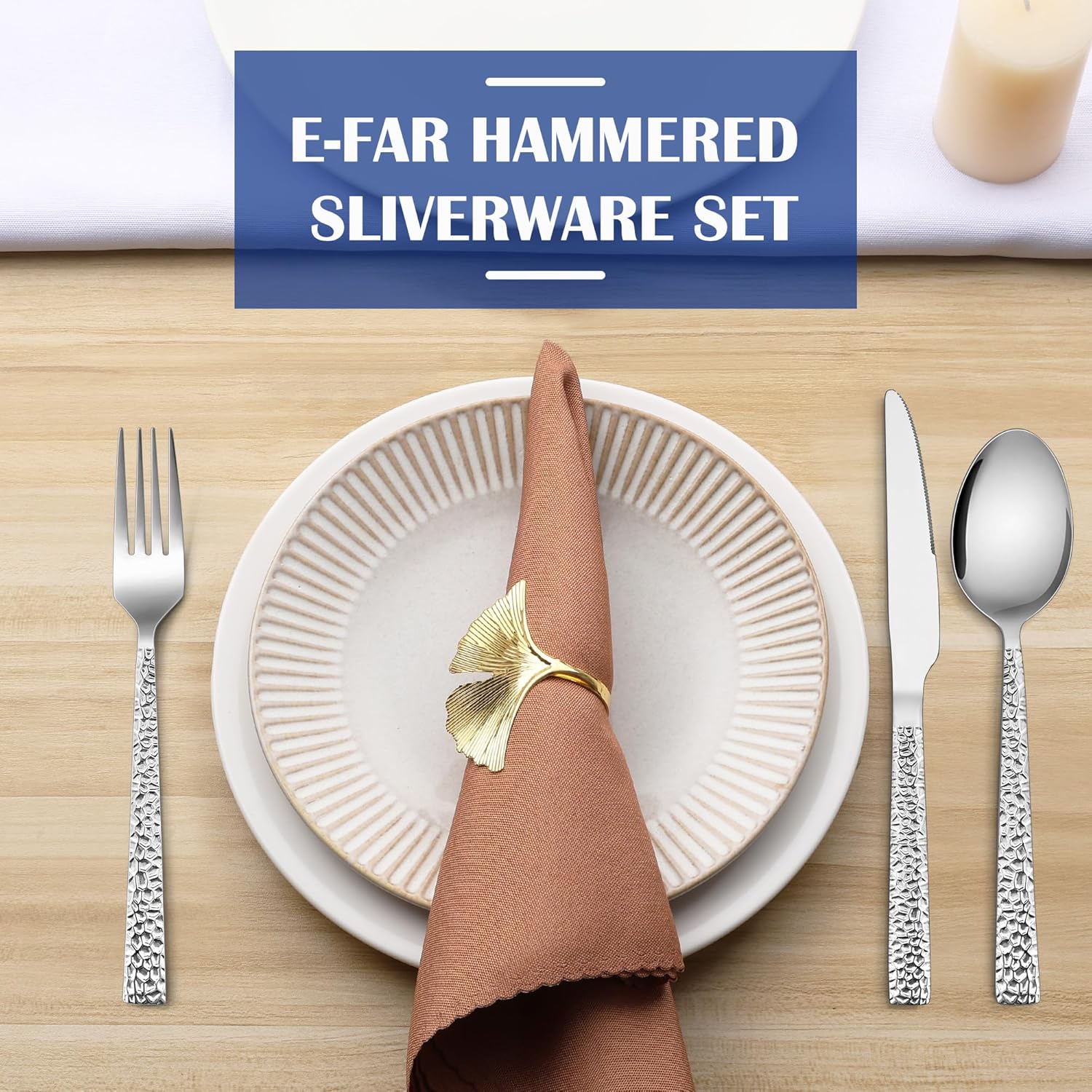 E-far 24-Piece Hammered Forks Spoons and Knives Set, Silverware Set for 8, Stainless Steel Square Flatware Set for Home Kitchen Restaurant, Mirror Polished & Dishwasher Safe - Image 8