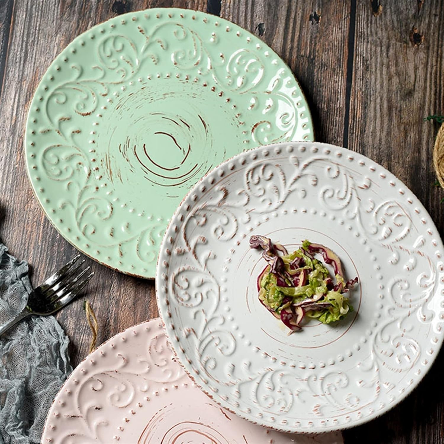 Dinner plate, Vintage Tableware with Embossed Patterns Home Ceramic Dinner Plate Dessert Plate Salad Plate Restaurant Coffee Shop Flat Plate,Dinnerware - Image 4