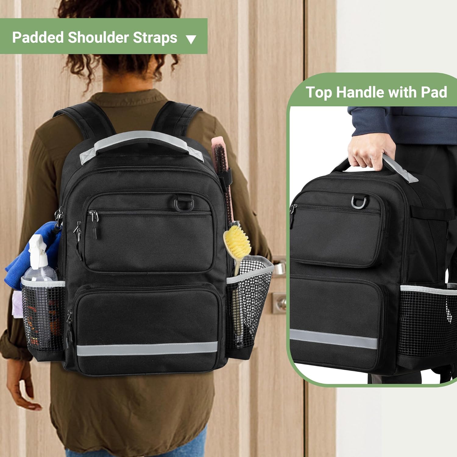 Cleaning Backpack with Bottom Plate & Waterproof Bottom, Large Supplies Bag with Multiple Pockets for Housekeeping Tools, Cleaning Products Caddy Organizer for Home & Car - Image 6