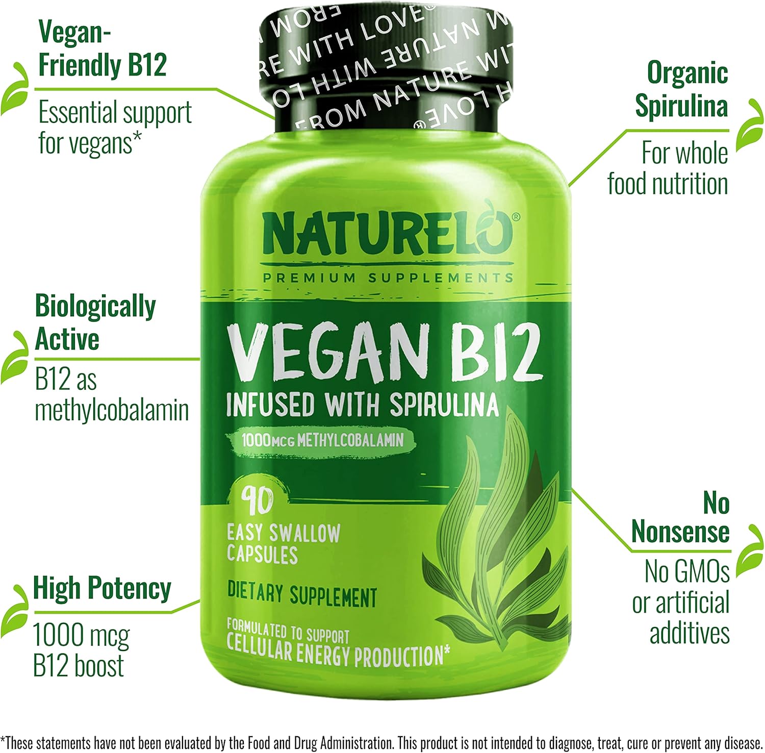 NATURELO Vegan B12 - Methyl B12 with Organic Spirulina - High Potency Vitamin B12 1000 mcg Methylcobalamin - Supports Healthy Mood, Energy, Heart & Eye Health - 90 Capsules - Image 5