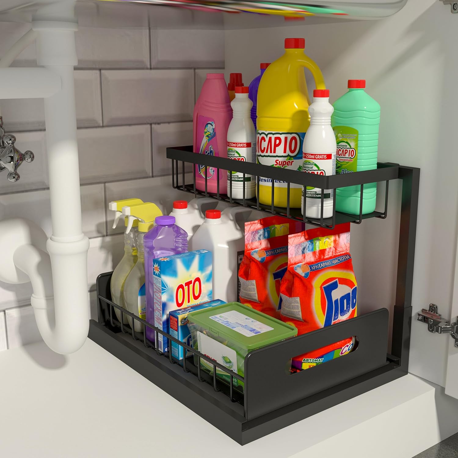 REALINN Under Sink Organizer, Pull Out Cabinet Storage 2 Tier Slide Out Sink Shelf, Kitchen Organizers and Storage, Black, 1 Pack - Image 2