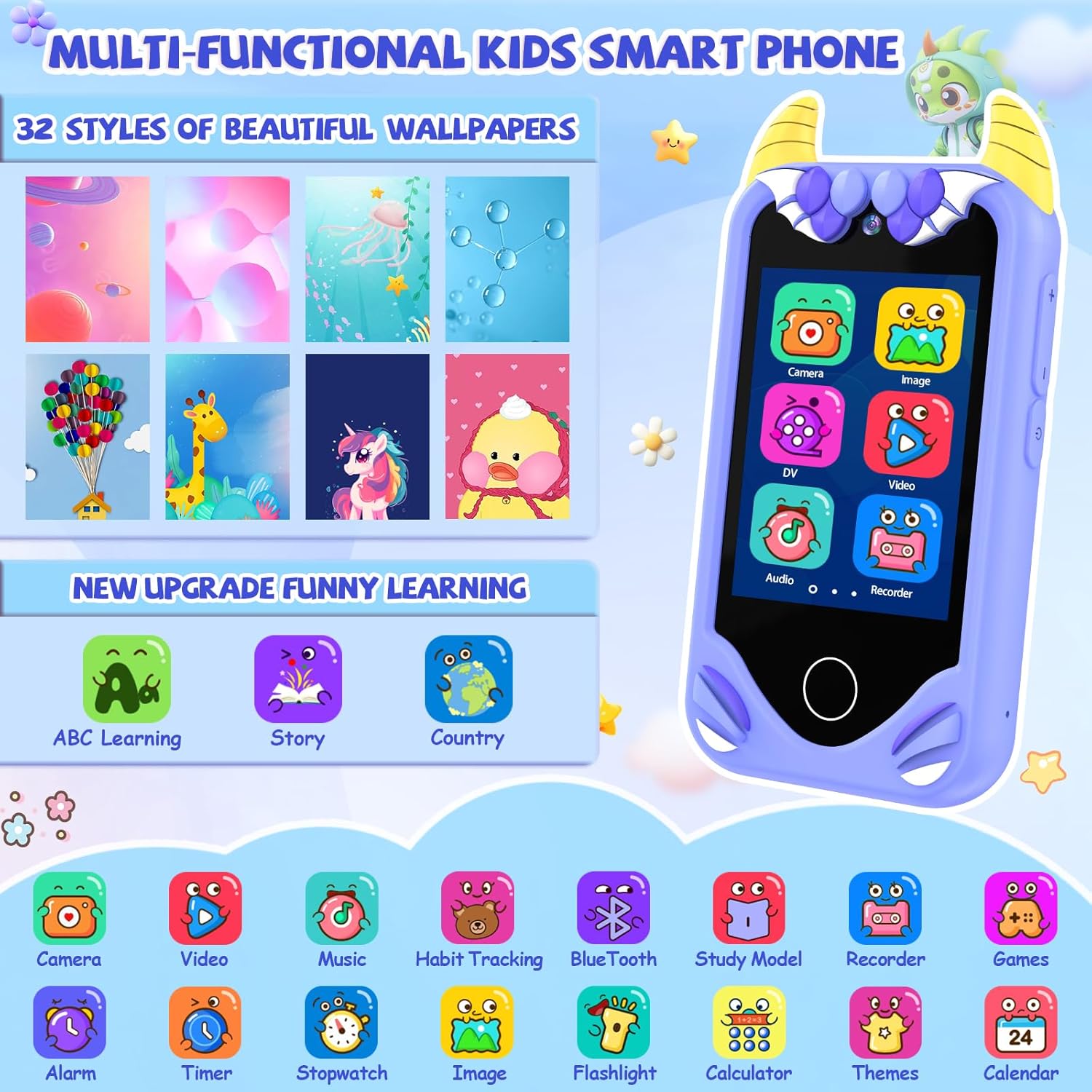 Kids Smart Phone for Boys Gifts - Toddler Christmas Birthday Gift for Age 3 4 5 6 Year Old, Kids Cell Phone Toy with Touchscreen, Dual Cameras, Learning, Music Player, Games with 32 GB Card - Image 3