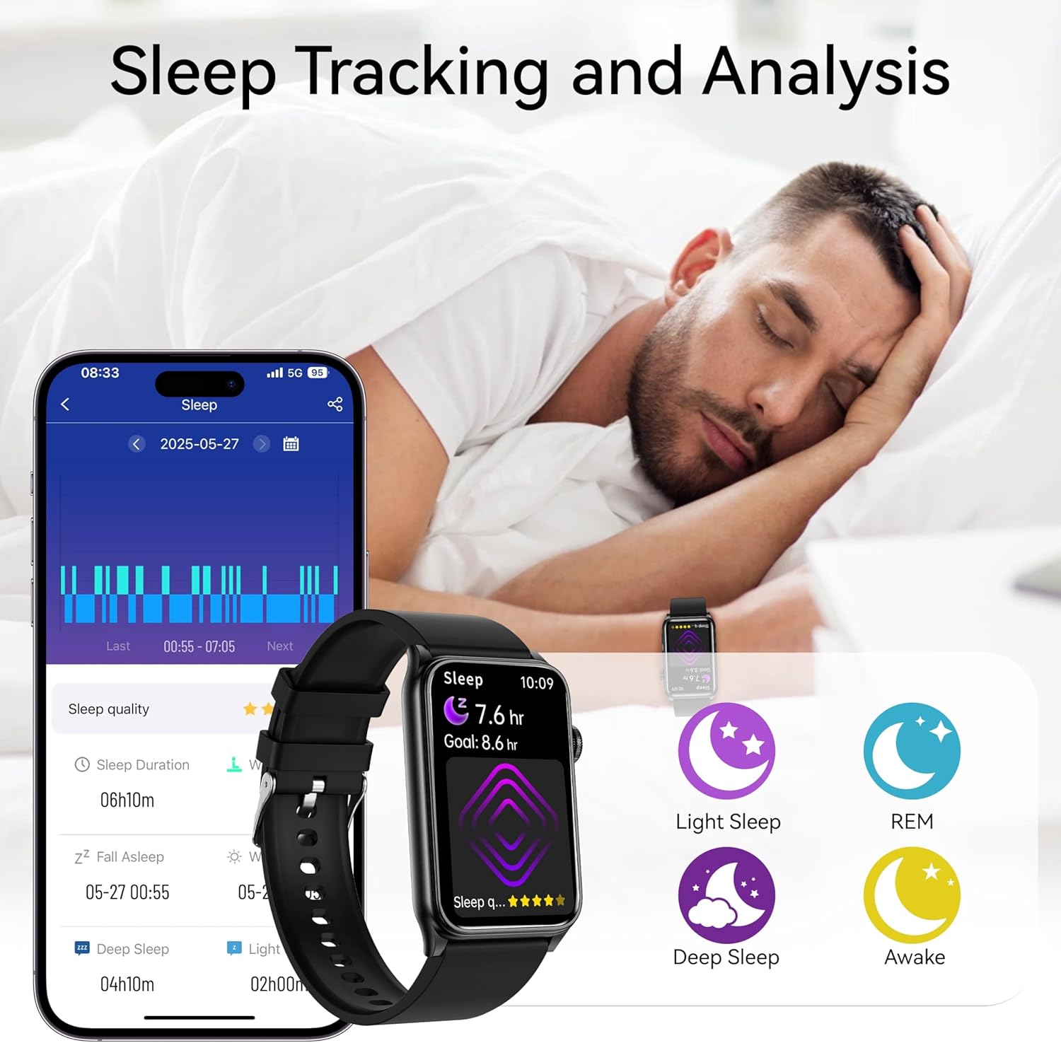 Fitness Tracker Smart Watch with LED Flashlight, 24/7 Stress/SpO2/Heart Rate Monitor, Sleep Tracker 100+ Sport Modes Step Calorie Counter Pedometer IP68 Waterproof for Android iOS (Bluetooth, Black) - Image 4