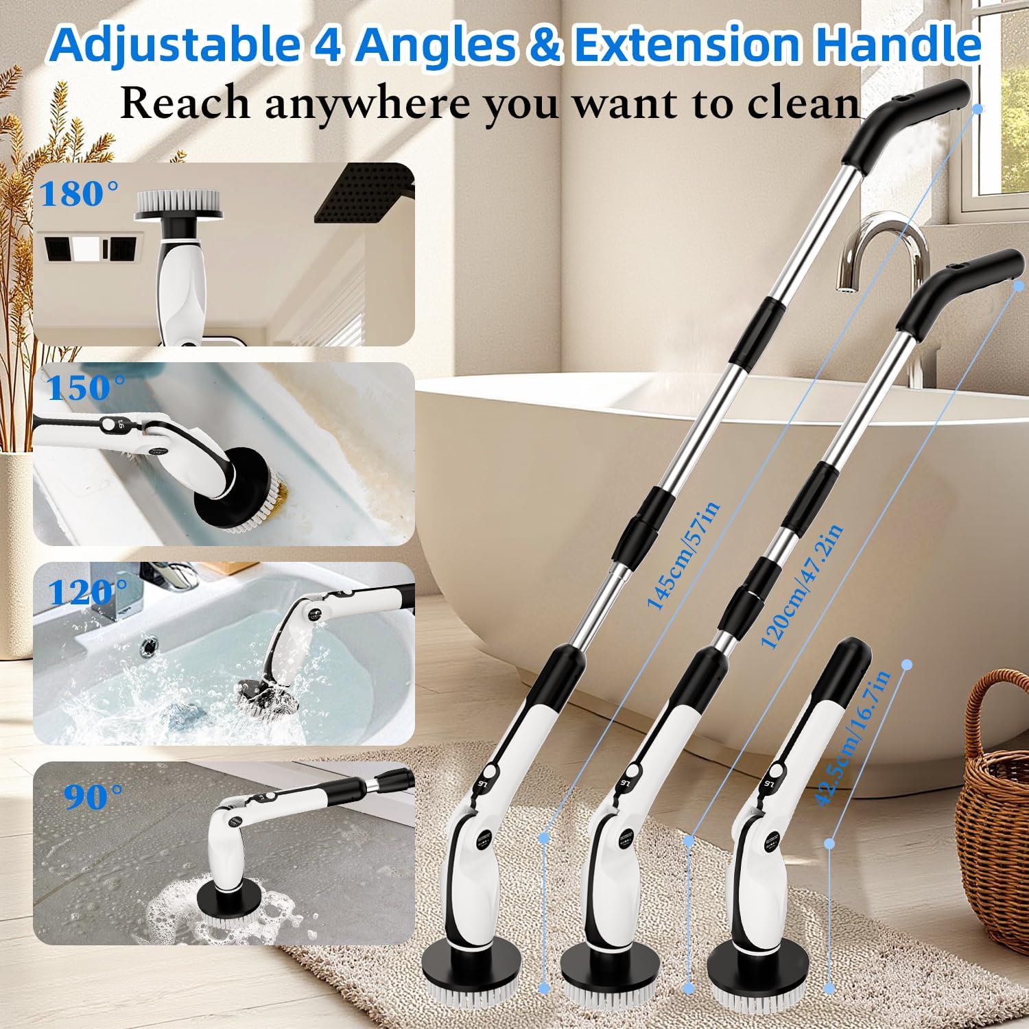 Electric Spin Scrubber, IPX7 Bathroom Cleaner Brush, Cordless Shower Scrubber with Adjustable Handle & Angles 2-Speed Power Cleaning Tools 7 Replaceable Brush Heads for Bathtub, Tile, Car - Image 3