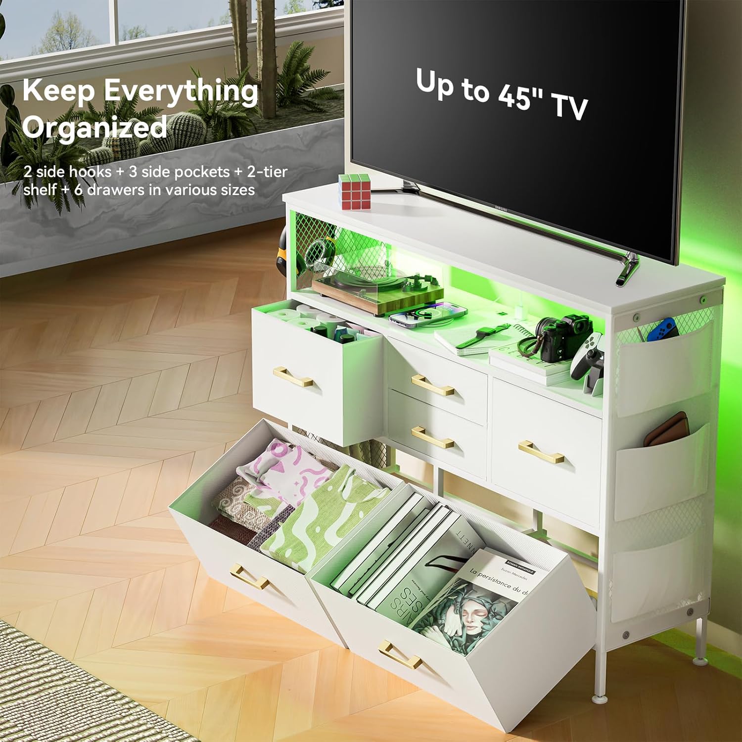 Dresser TV Stand with Power Outlets and LED Lights for 45'' TV, 6 Drawers Dresser with Side Pocket, Fabric Chest of Drawers with PU Finish, Sturdy Frame & Wood Top (White) - Image 5