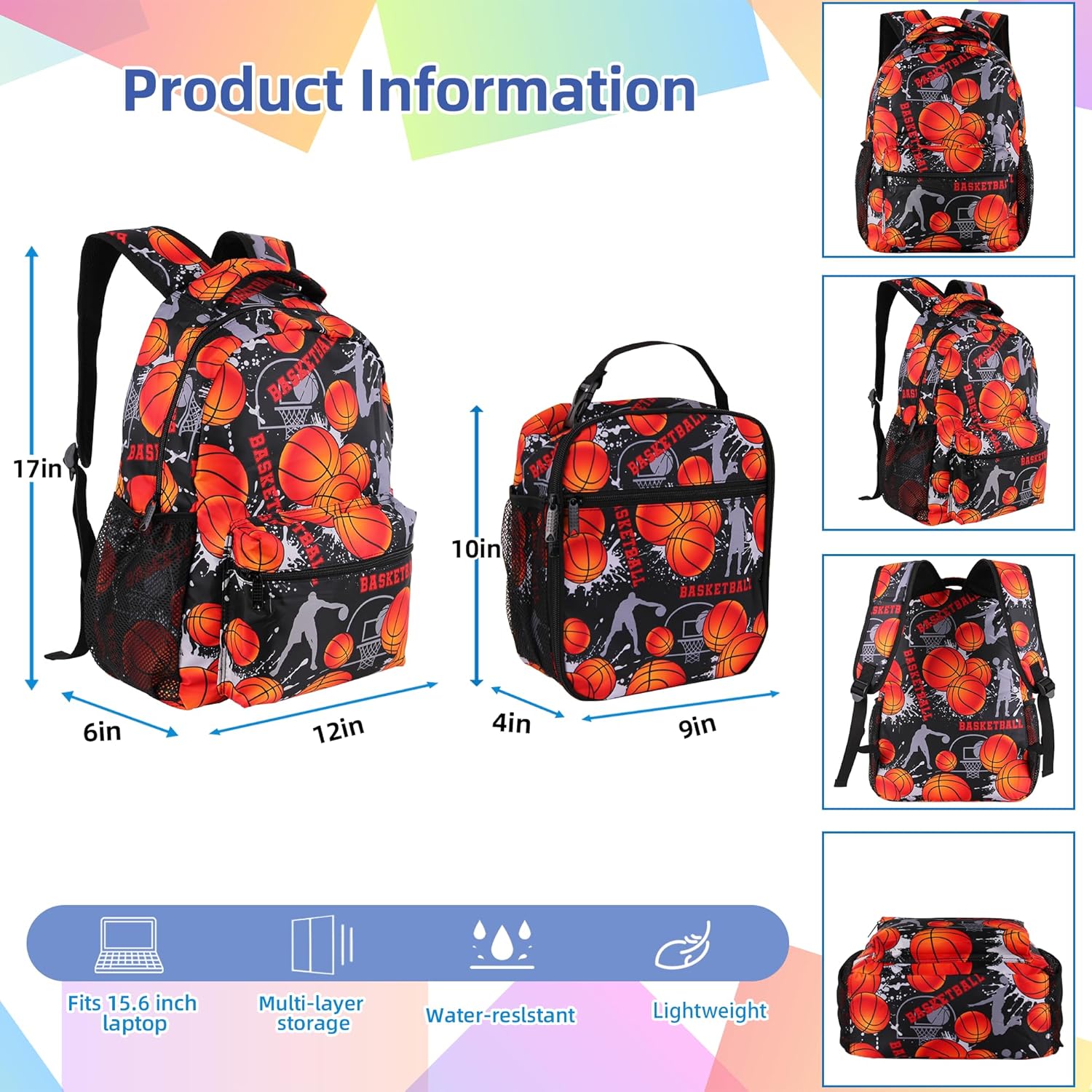 Basketball Backpack with Lunch Box Lightweight Casual Travel Basketball Backpack 17 inch Men Gift for Baseball Lover - Image 6