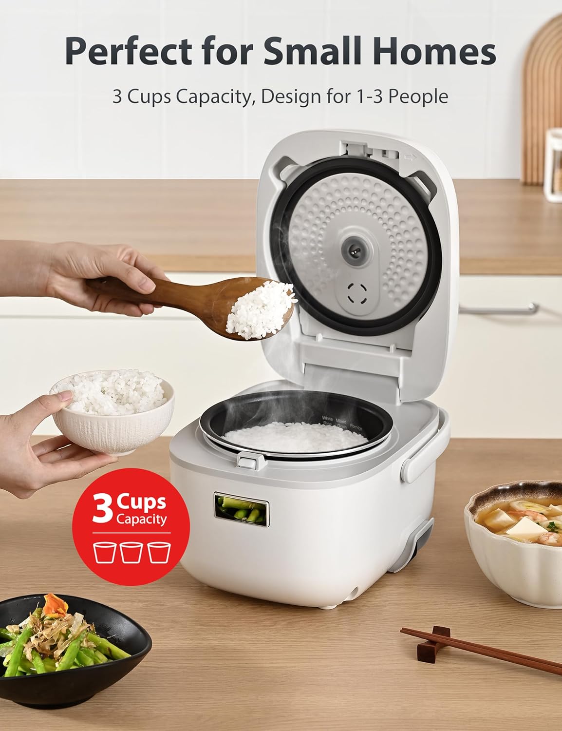 Toshiba Mini Rice Cooker, 3 Cups Uncooked Small Rice Cooker, Steamer & Warmer, With Fuzzy Logic And One-Touch Cooking, 24 Hour Delay Timer And Auto Keep Warm Feature, White - Image 3
