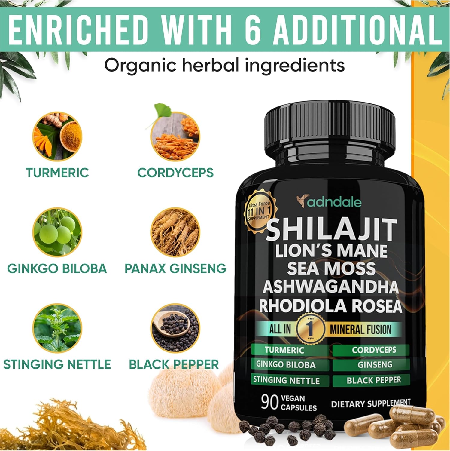 Shilajit Ultra Force 11-in-1. Pure Himalayan Organic Shilajit for Men and Women Capsules with Sea Moss Ashwagandha Rhodiola Rosea Lion’s Mane. 90 Count - Image 5
