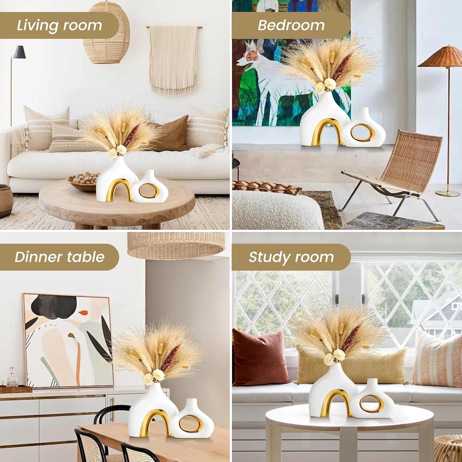 Ceramic Vase Set of 2 White and Gold Vase for Pampas Grass, Modern Donut Vase for Gold Decor, Round Vases Centerpieces for Wedding, Bedroom, Living Room, Coffee Table, Entryway, Office - Image 6