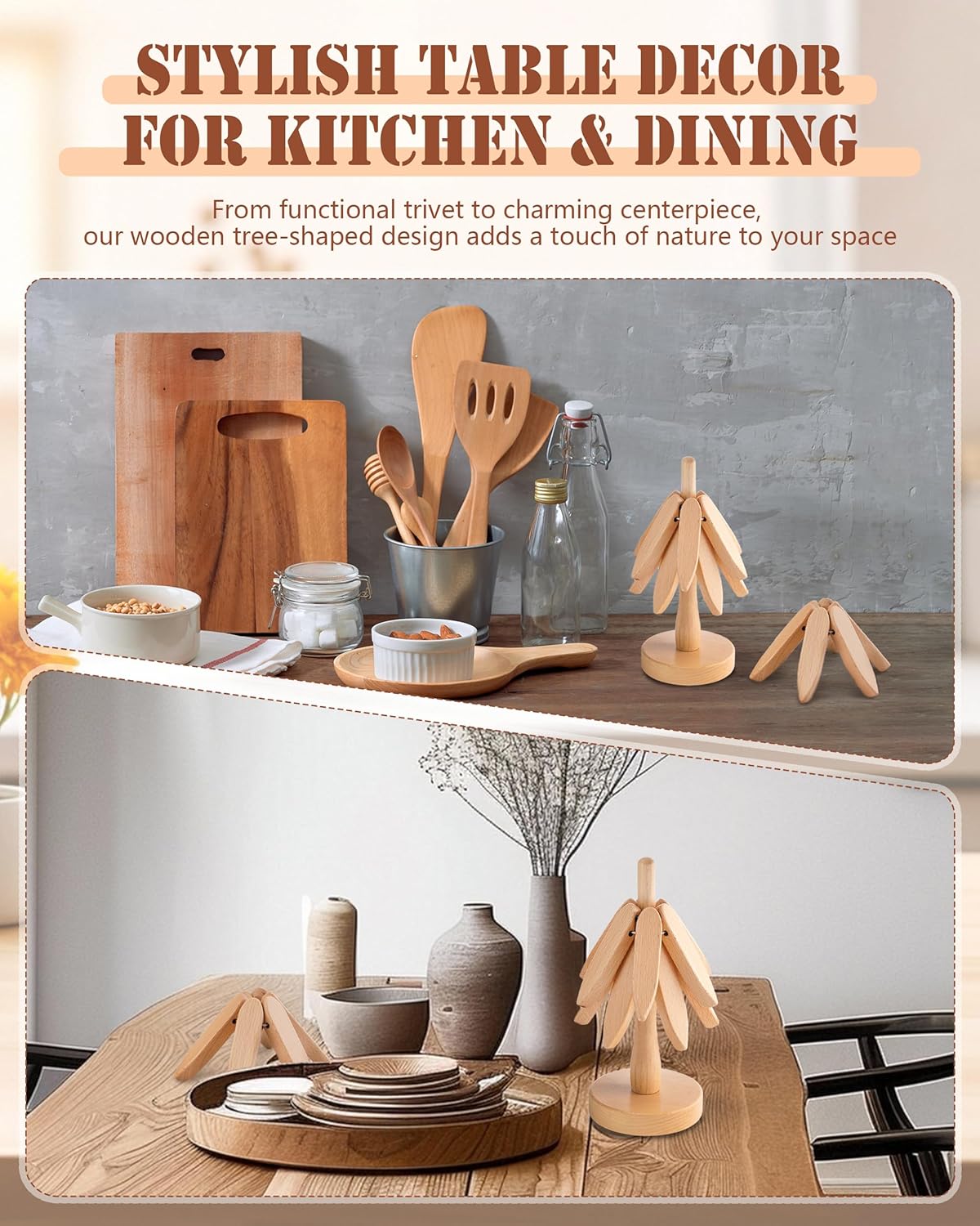 8 Inches Tree-Shaped Trivets, Collapsible Wood Place Mats for Hot Dishes Pans, Anti Stain Pot Holders for Kitchen Counter Table Home Essentials, 6PCS Wooden Coasters with 2 Organising Holders - Image 9