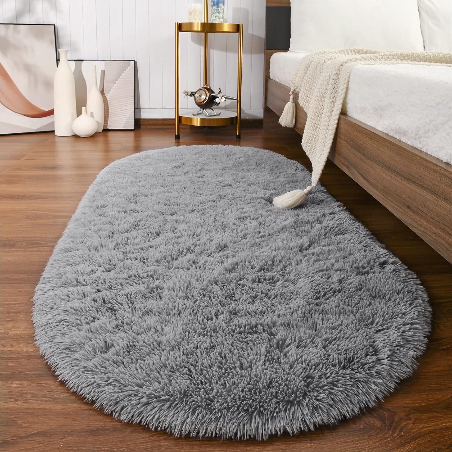 Softlife Fluffy Rugs for Bedroom, Shag Cute Area Rug for Girls and Kids Baby Room Home Decor, 2.6 x 5.3 Feet Oval Indoor Carpet for Nursery Dorm Living Room, Grey - Image 2