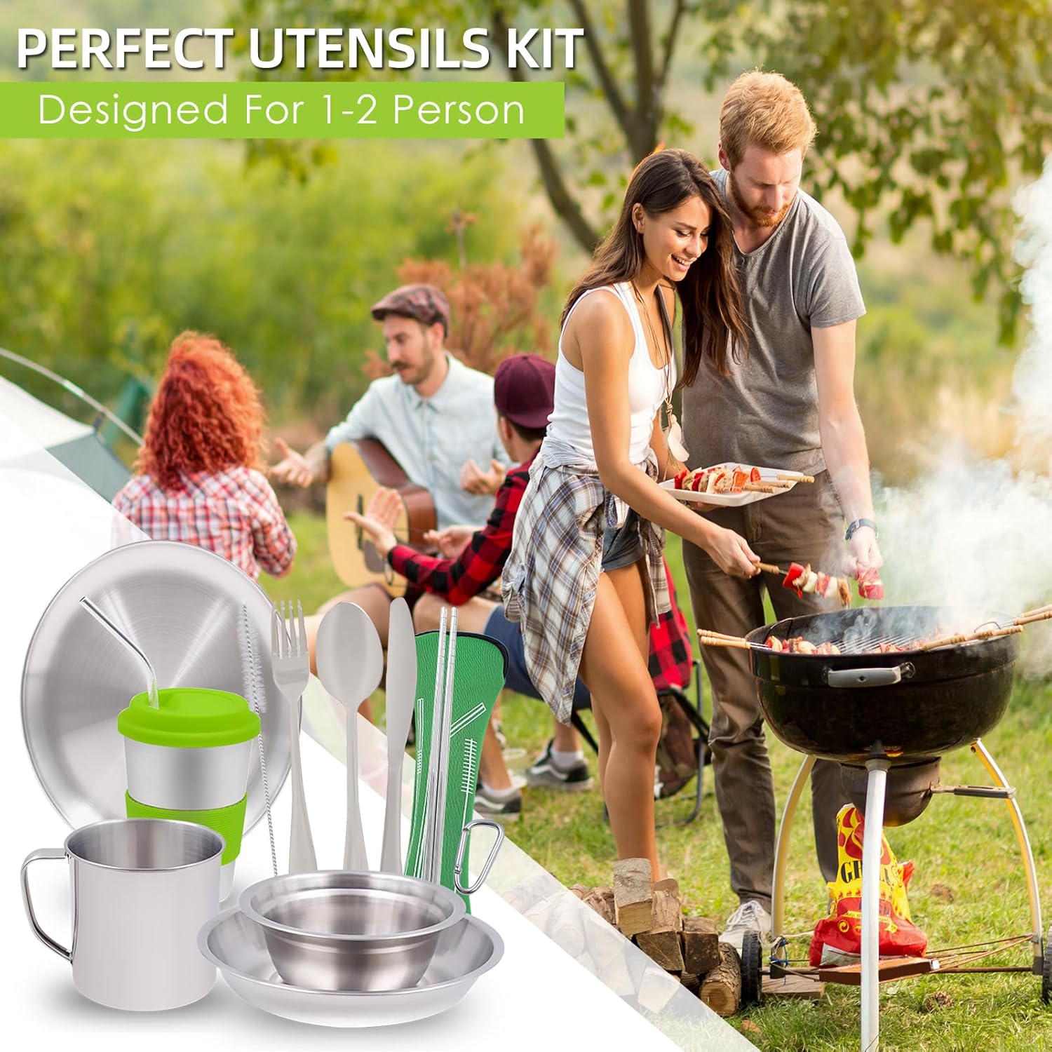 Camping Mess Kit Camping Plates Dishes Stainless Steel Camping Utensils Set Tableware Dinnerware with Bowls Cups Cutlery 1-2 Person for Backpacking, Hiking, Picnic, BBQ, RV Travel - Image 5