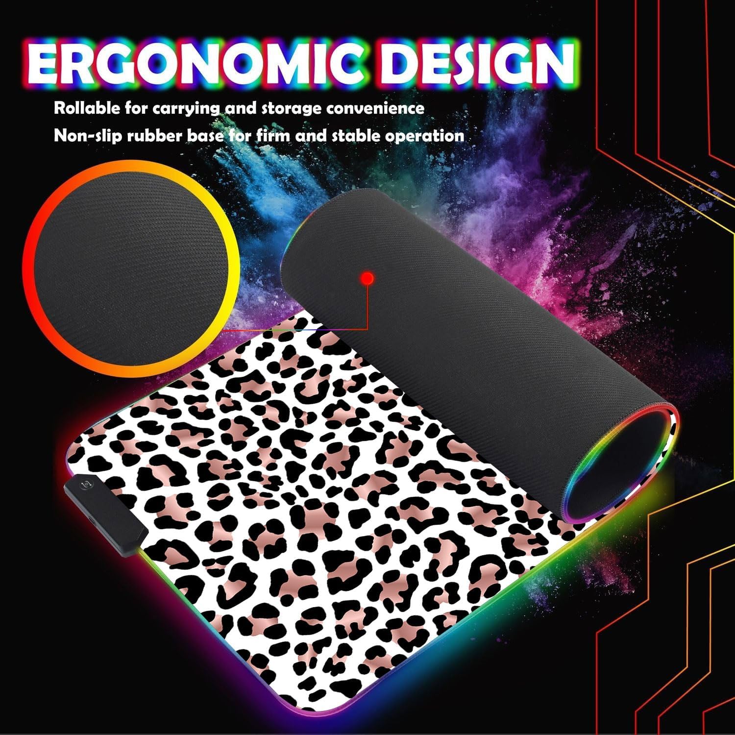 Customized RGB Gaming Mouse Pad and Coffee Coaster,Large Glowing Led Anti-Slip Rubber Base Computer Keyboard Desk Mouse Mat 31.4x11.8 Inch,Leopard Print - Image 6