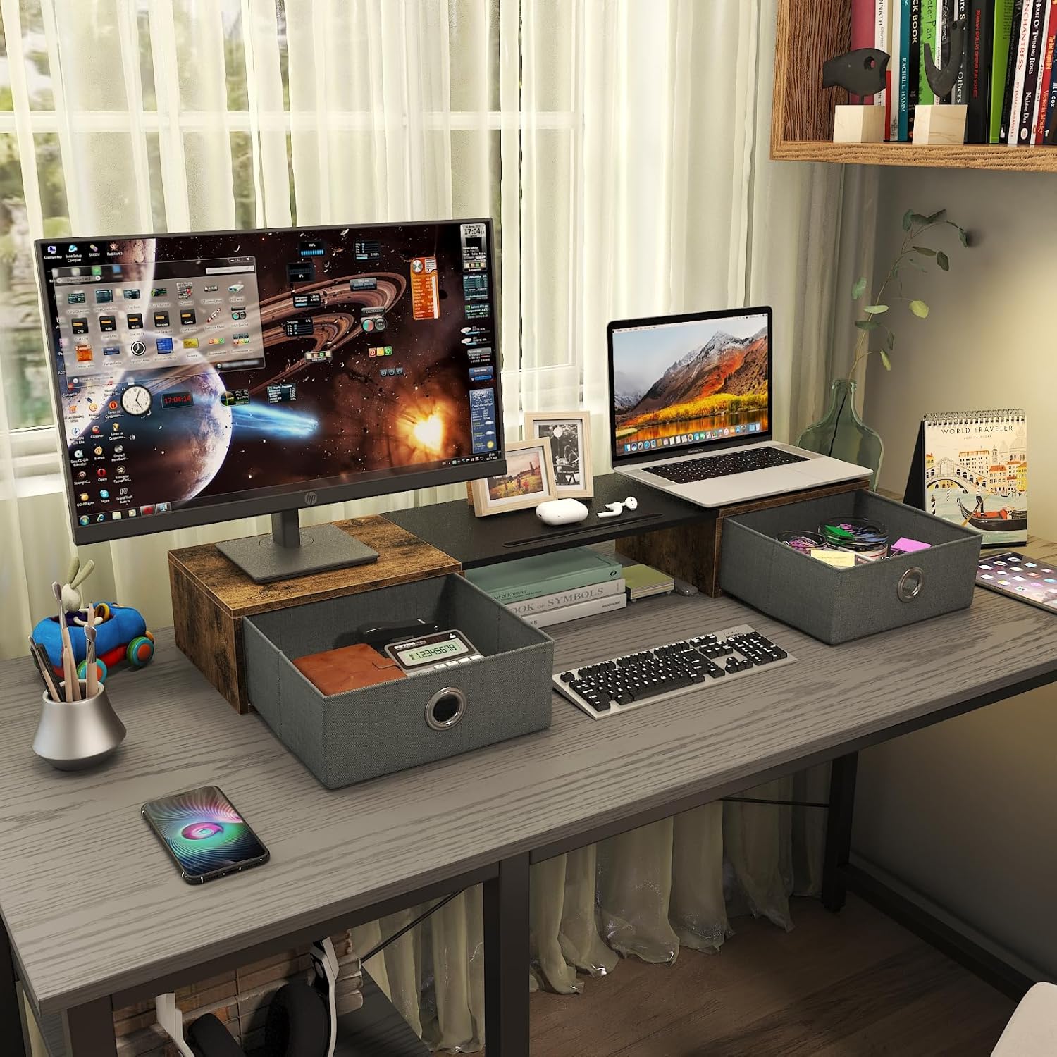 WESTREE Dual Monitor Stand Riser with Two Drawers, Extra Large Storage for 2 Monitors, Desktop Oraganizer Computer,Laptop,Screen,Printer,TV - Image 5