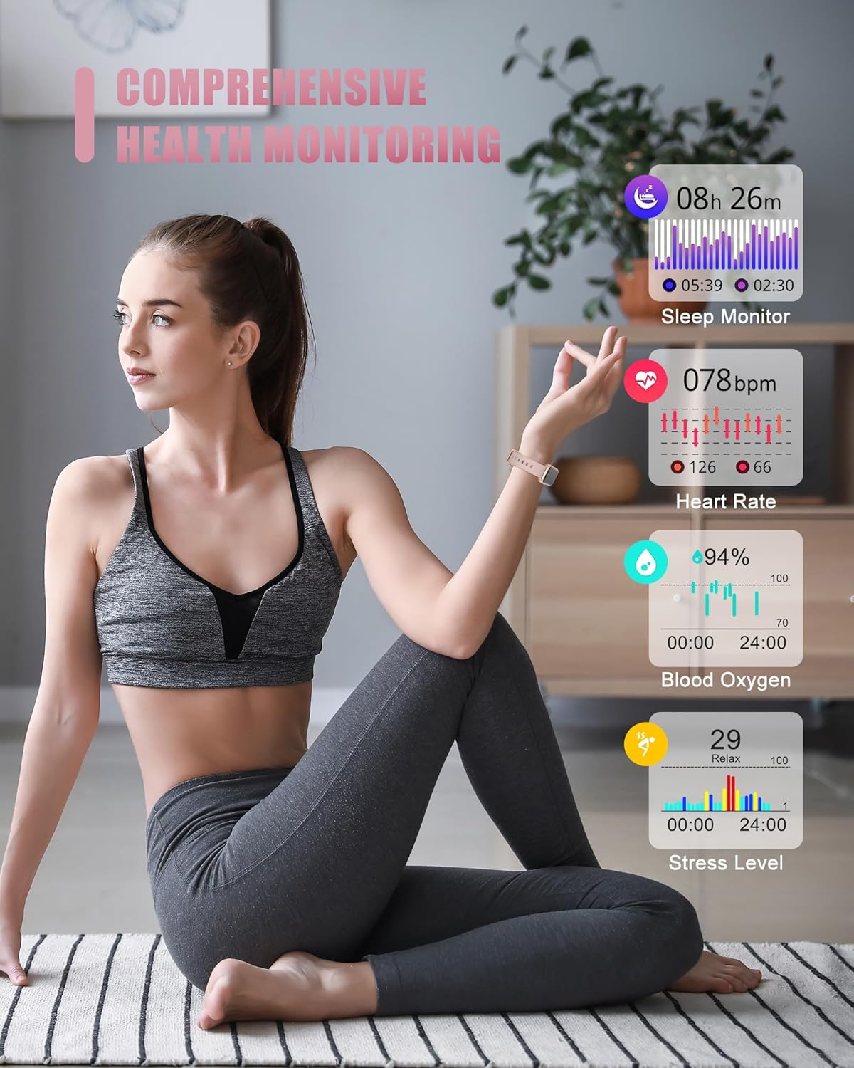 Fitness Tracker, Smart Watch for Women Men with 24/7 Heart Rate/Blood Pressure/Blood Oxygen Monitor,Sleep Tracker,Step & Calorie Counter, IP68 Waterproof Fitness Watches Compatible with Android&iPhone - Image 4