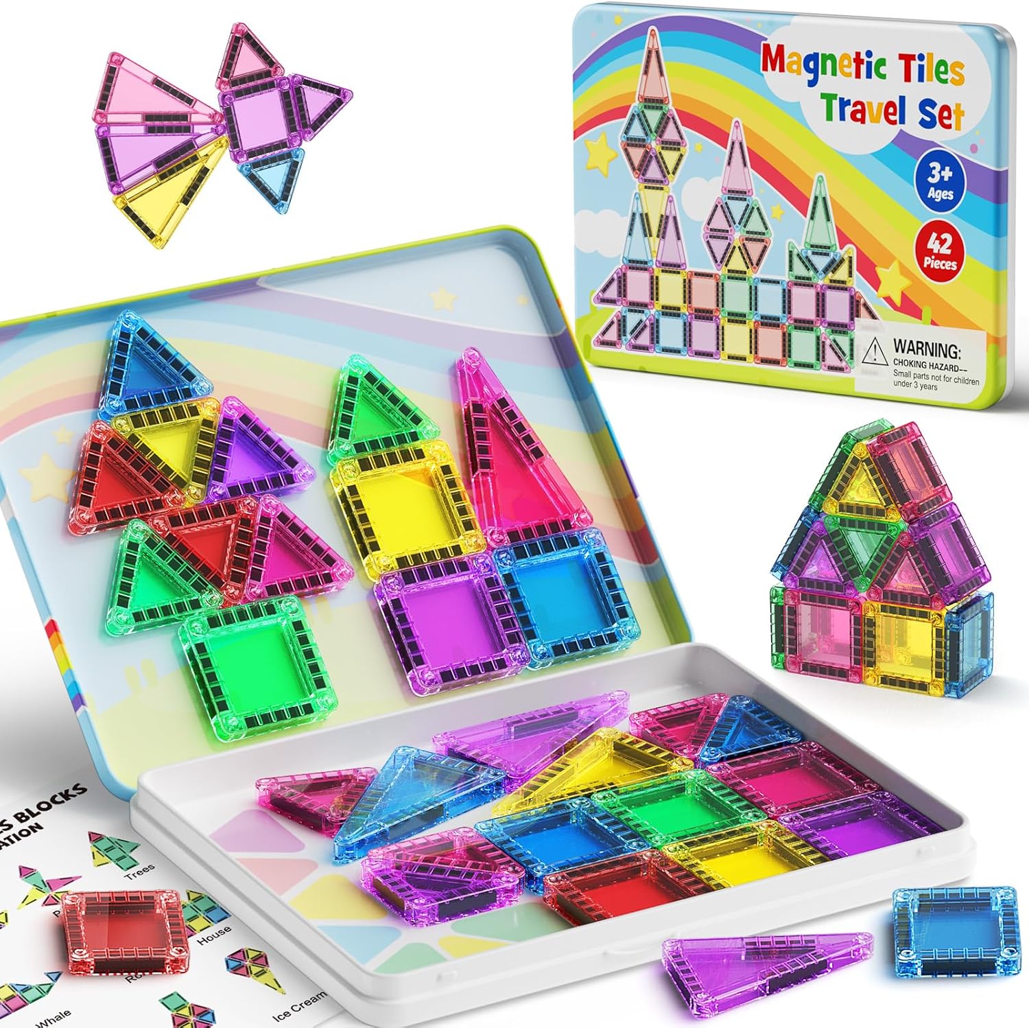 Magnetic Tiles Travel Toys for Kids 4-8, 42PCS Candy Color STEM Building Blocks with Visual Storage Guide & Metal Case, Airplane Activities & Toddler Travel Essentials Ages 3-5 - Image 2