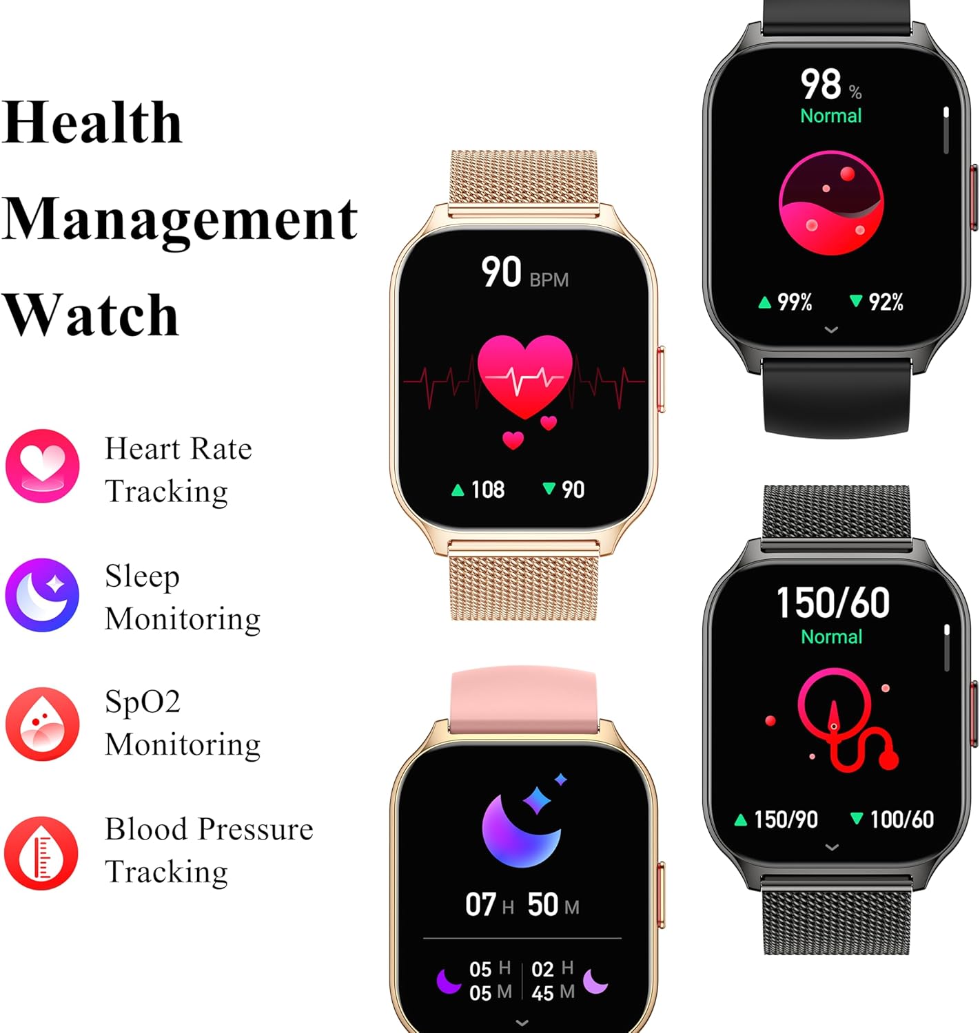 Popglory Smart Watch Answer/Make Calls, 2.01'' Smartwatch with AI Voice Control, Blood Pressure/SpO2/Heart Rate Monitor, Fitness Tracker Watch 2 Straps for Men Women for iOS Android Phones - Image 4