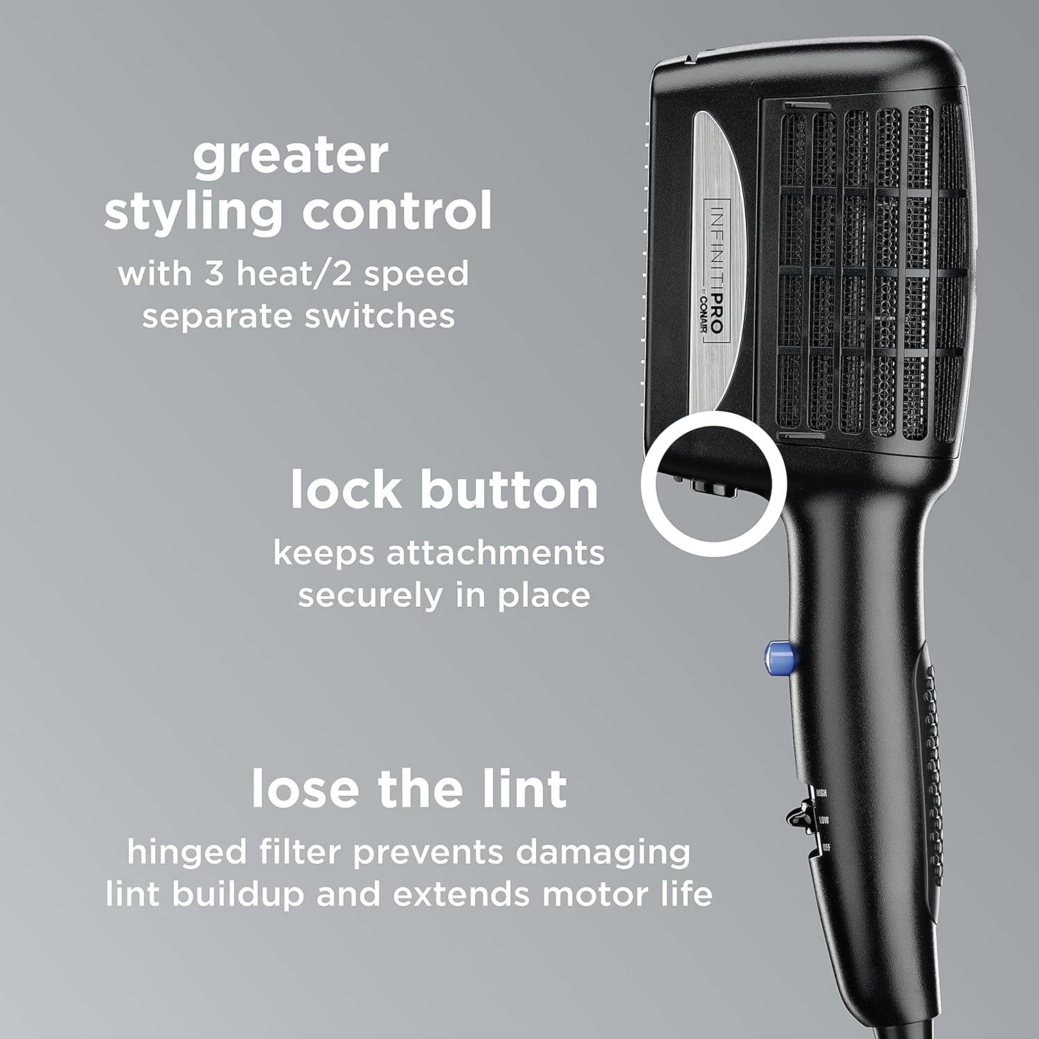 INFINITIPRO BY CONAIR 3-in-1 Styling Hair Dryer, 1875W Hair Dryer with Ceramic Technology and 3 Attachments - Image 5