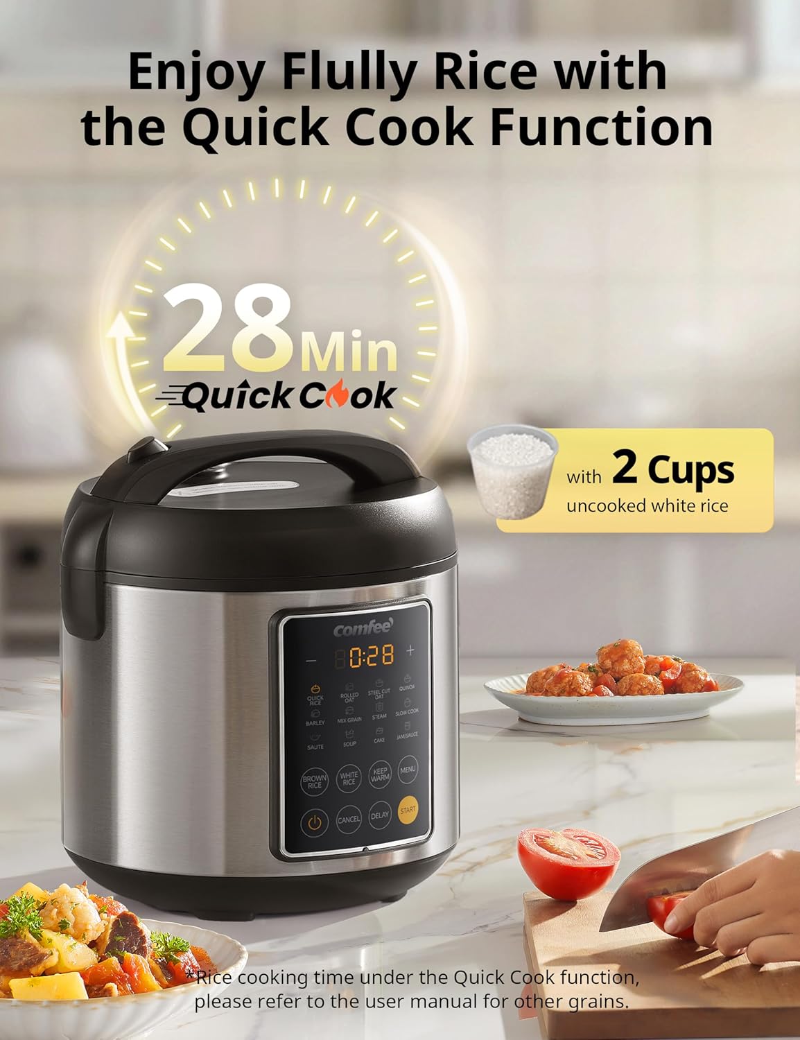 COMFEE' Rice Cooker, 14-in-1 Stainless Steel Multi Cooker, Slow Cooker, Steamer, Sauté, and Warmer, 5.3 QT, 20 Cups Cooked (10 Cups Uncooked), Brown Rice, Quinoa and Oatmeal - Image 4