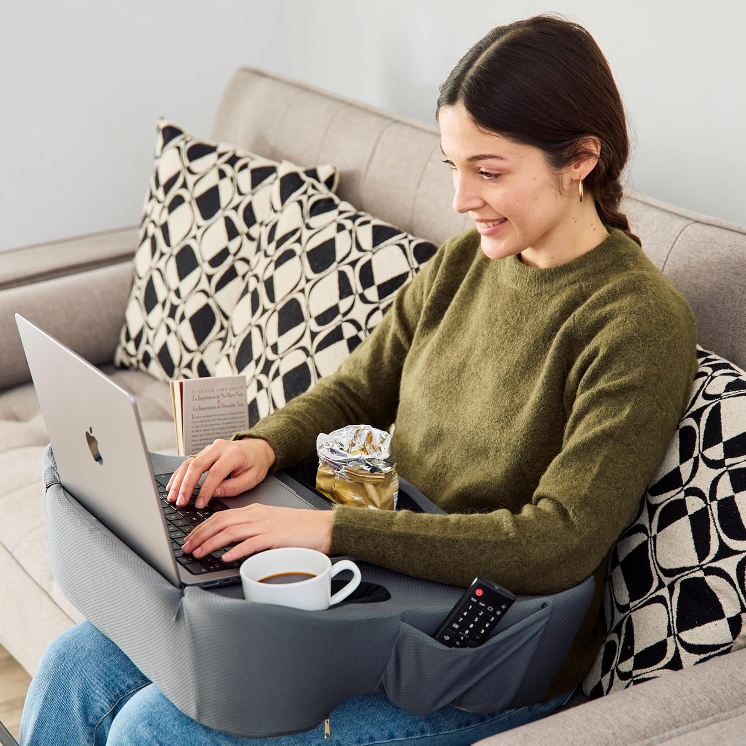 Lap Desk Pillow - Cushioned Lap Pillow for Reading, Gaming, Work & Travel, Soft & Portable Laptop Desk for Bed, Couch, or Car, Ergonomic Support for Laptops & Tablets (Grey) - Image 2