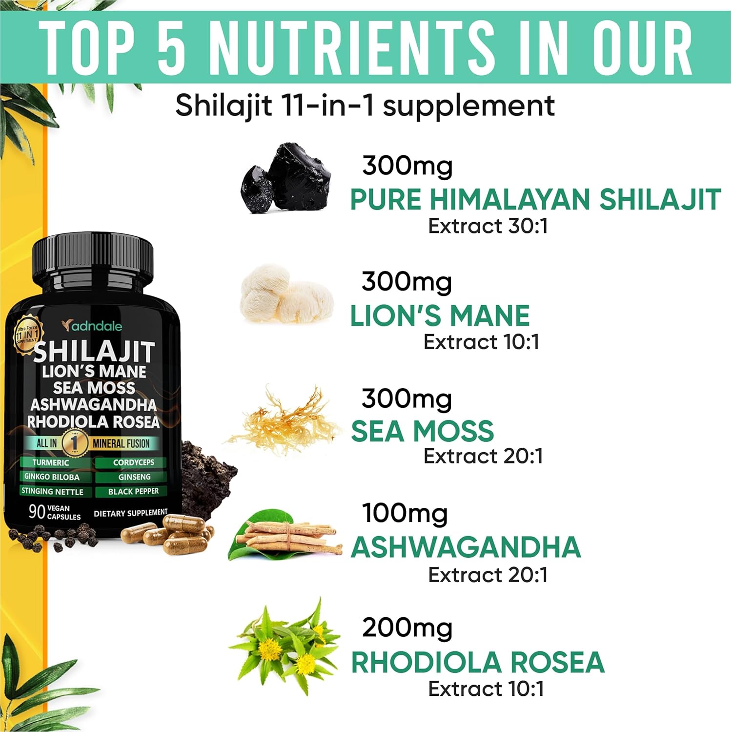 Shilajit Ultra Force 11-in-1. Pure Himalayan Organic Shilajit for Men and Women Capsules with Sea Moss Ashwagandha Rhodiola Rosea Lion’s Mane. 90 Count - Image 4