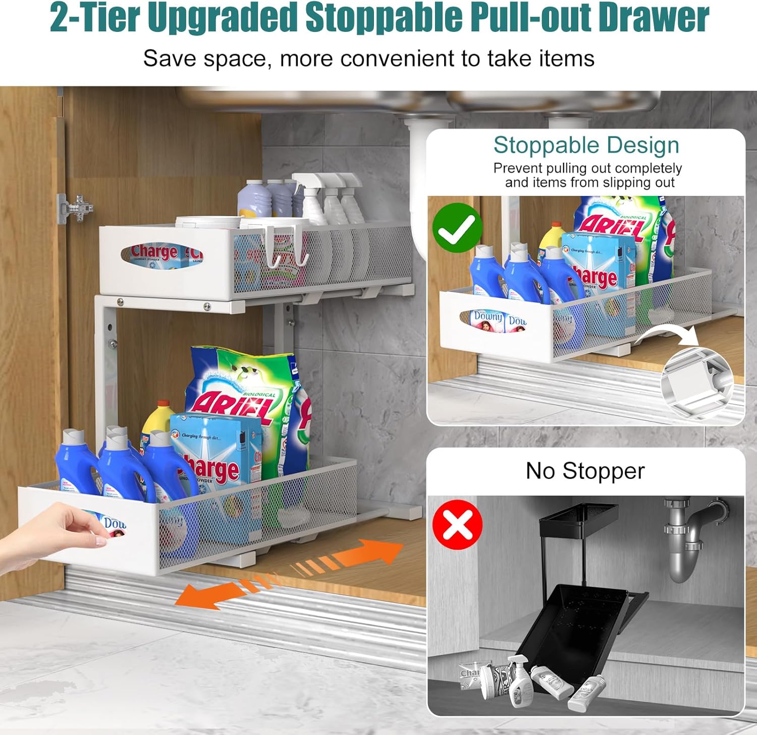 Under Sink Organizer, 2 Tier Metal Pull Out Under Sink Storage with Sliding Mesh Drawers, Height Adjustable Slide Out Under Sink Organizer Shelf for Kitchen Bathroom Cabinet, White - Image 5