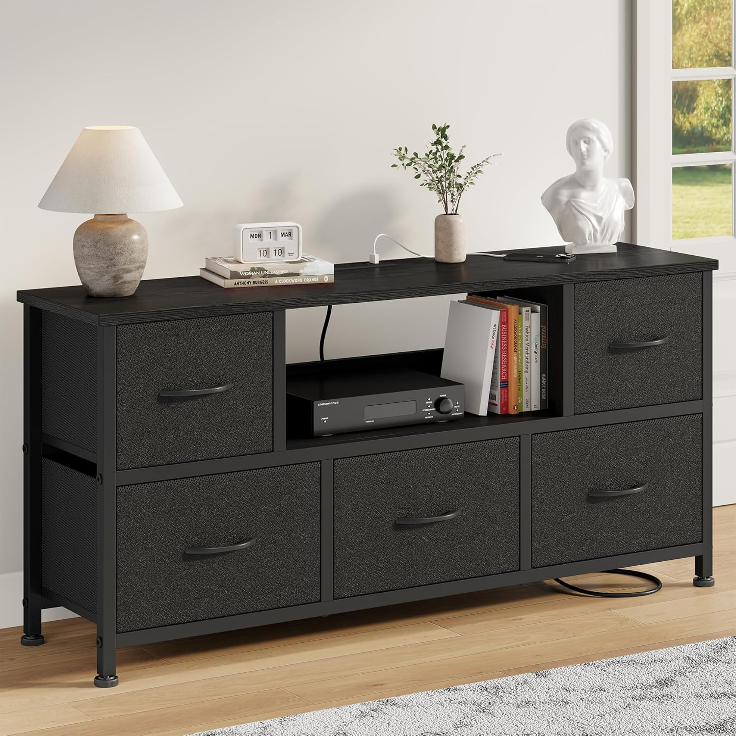 Lulive TV Stand for Living Room, LED Black Dresser for Bedroom with 5 Fabric Drawers,43 55in TV Stand with Power Outlet, Entertainment Center with Open Shelf - Image 10