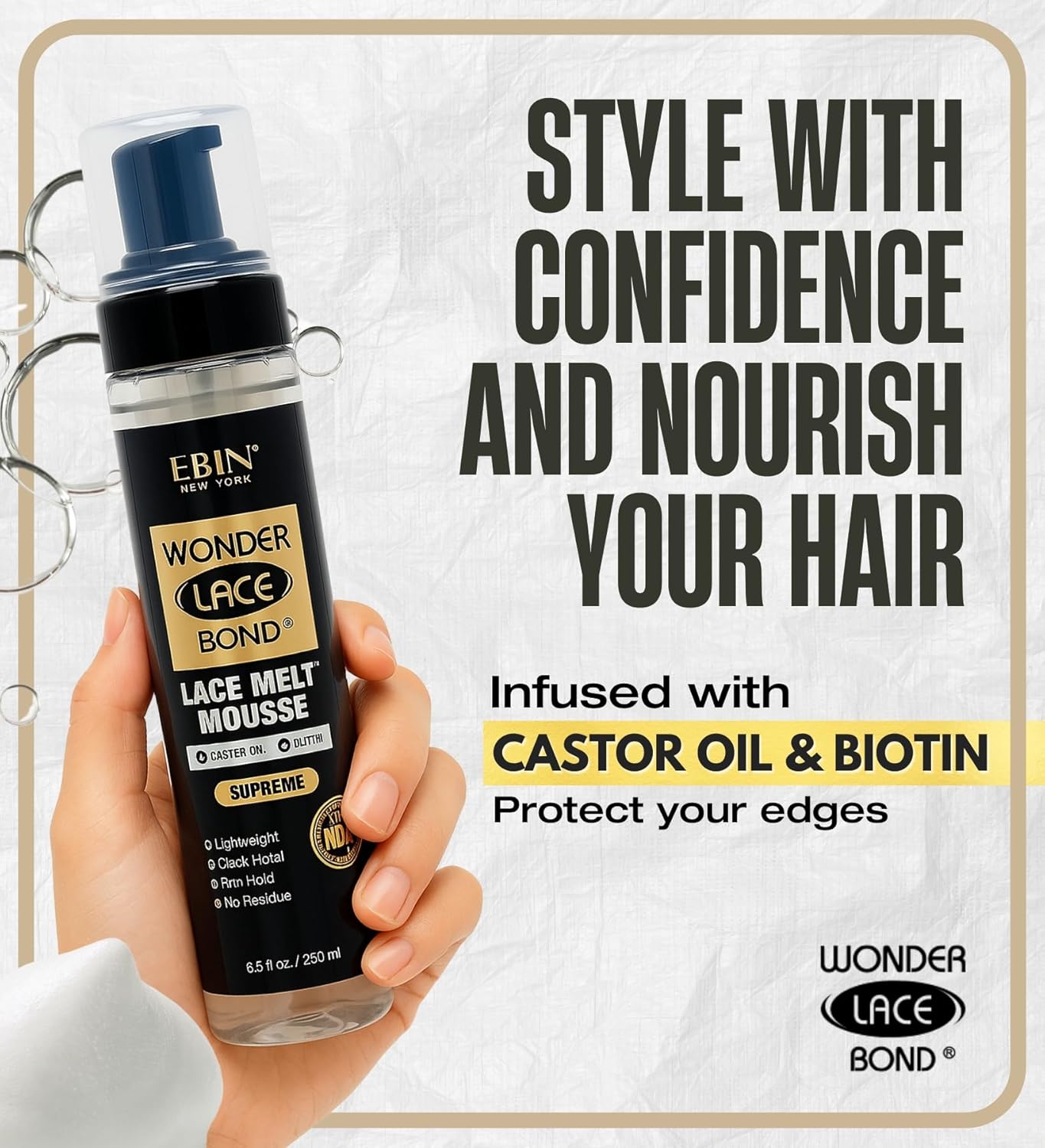 EBIN NEW YORK Wonder Lace Bond Lace Melt Mousse 8.5 oz Water-Based Wig Styling Mousse with Castor Oil and Biotin for Secure Hold and Shine — Seamless Finish — Nourishing Care (1 Pack) - Image 3